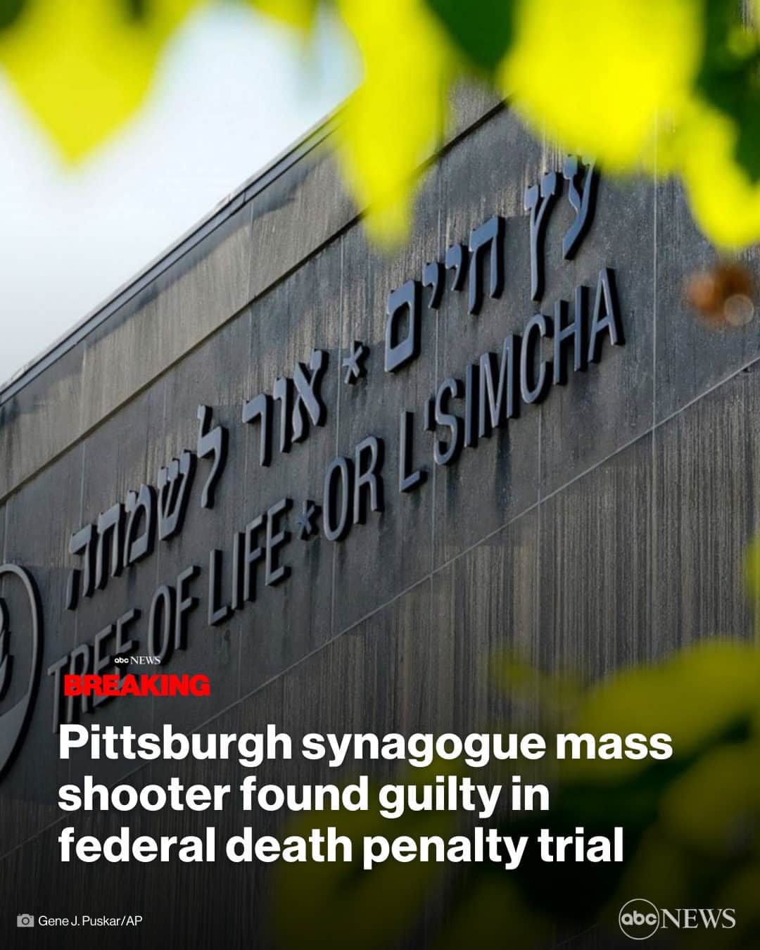ABC Newsのインスタグラム：「BREAKING: Gunman in Pittsburgh synagogue mass shooting found guilty in federal death penalty trial. MORE AT LINK IN BIO.」