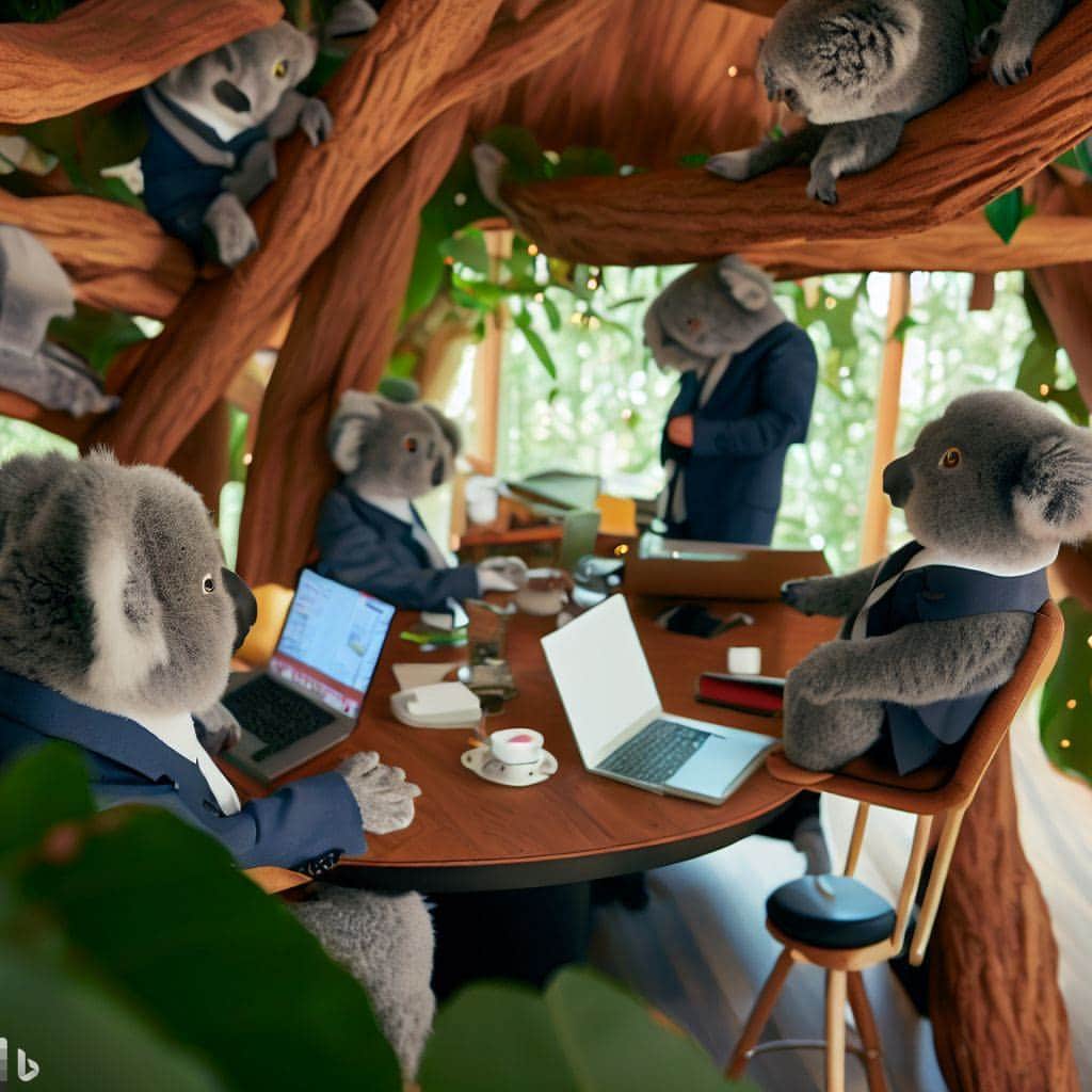 Microsoftさんのインスタグラム写真 - (MicrosoftInstagram)「Ever wonder how Koalas get work done? We asked the @bing Image Creator to help us picture it.   This is the prompt we used: a group of koalas working in their treehouse office, during a meeting, wearing business attire, wide shot」6月17日 1時30分 - microsoft