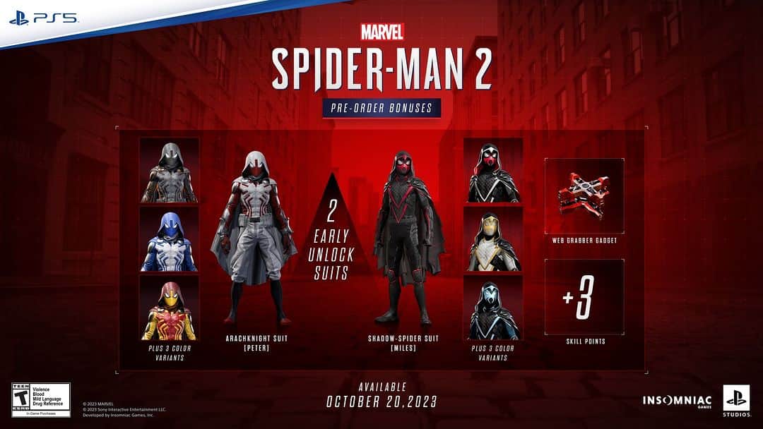 PlayStationのインスタグラム：「Pre-orders begin today for Marvel's Spider-Man 2. Don't wait to web yours 🕸️  Fans who pre-order get early unlocks for Peter's Arachknight Suit and Miles' Shadow Spider Suit, plus variants. Details at PS Blog.」