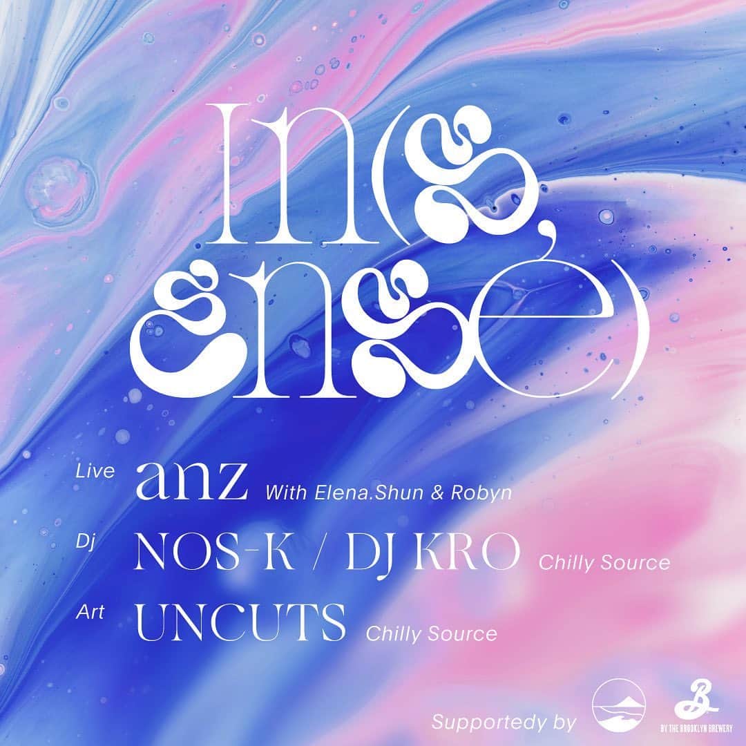 DJKROのインスタグラム：「今夜はこちらにてDJ、 日本橋のBrooklyn Breweryが運営する"B by Brooklyn Breweryにて、素敵なシンガー @anz_sing が織りなすパーティーの渦に巻き込まれていきましょう✨😁😁 皆様のご来場をおまちしております。  - Event information -  « IN ( SENSÉ ) »  2023.6.17 (sat) Open 19:00 Start 19:30  at B by Brooklyn Brewery  (3-5 K5 B1, Kabutosho, Nihonbashi, Chuo-ku, Tokyo)  Ticket: 2,000 yen (Booking→DM @anz_sing )  Live: anz with Elena, Shun and Robyn DJ: NOS-K / DJ KRO from Chilly Source Art: UNCUTS from Chilly Source  Insensé = “アンソンセ”と発音。馬鹿げた、非常識なという意味のフランス語。  ここはcreativity, culture, art, music, etcétéra… "Sensé"に浸って、全ての "Sensé" を交換する場所。 "Sensé"の時代を始める場所。  Brooklyn でlocal artistを支えてきた"Brooklyn Brewery"が運営する"B by Brooklyn Brewery"で、美味しいビールやタコスを手に、音楽とアートに触れる時間をお楽しみください。  @b.k5.tokyo  @djkrotokyo  @nosk_tokyo  @uncuts_graffiti  @chillysourcetyo  @shunkouno  @robyn0723   flyer design @gandhi_get_dirty」