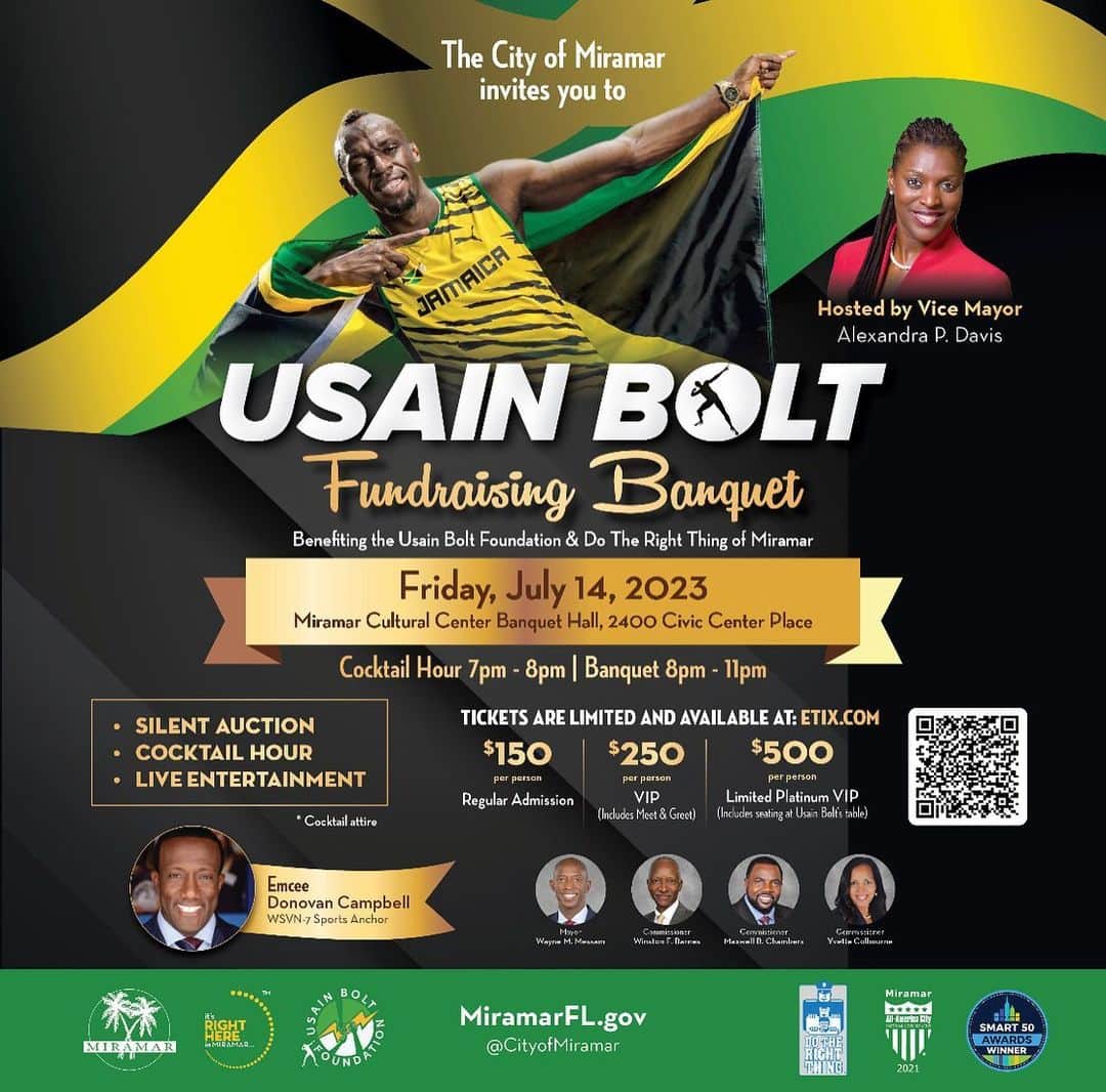 ウサイン・ボルトのインスタグラム：「Usain Bolt is coming to Miramar!  The Usain Bolt Foundation is dedicated to the legacy for happy children; to enhance the character of children through educational and cultural development, as they live their dreams.  Join us at the Miramar Cultural Center Artspark for the Usain Bolt Fundraising Banquet benefiting the Usain Bolt Foundation & Do The Right Thing Miramar hosted by Vice Mayor @4alexandradavis   Featuring a silent auction, cocktail Hour and live entertainment!  Friday, July 14 | 7-11pm 2400 civic center place  Miramar, FL 33025  Get tickets at: https://ow.ly/NtlZ50OKOtv (link in bio)」