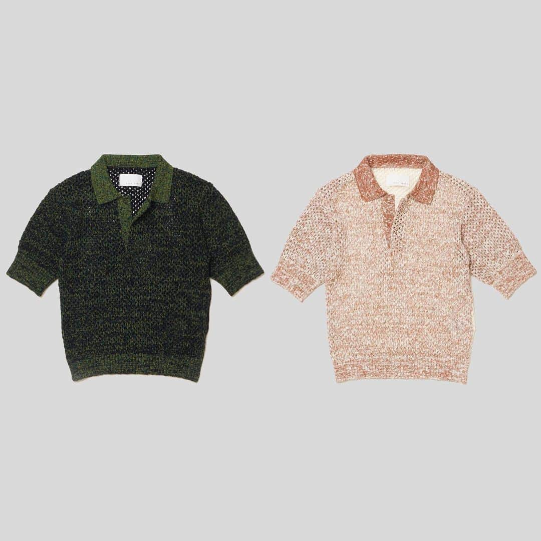 サワ タカイのインスタグラム：「sawa takai Spring Summer 2023 Mini Mesh Polo in detail: Cropped mesh polo constructed with mixed yarns at front and solid at back  ボディと袖はメランジ風に糸をミックスし、背中はソリッドカラーのメッシュ編みで仕立てたショート丈のポロシャツ。グリーン/ブラック、オレンジ/ホワイトの2色展開。  #sawatakai #springsummer2023 #ss23 #ss2023」