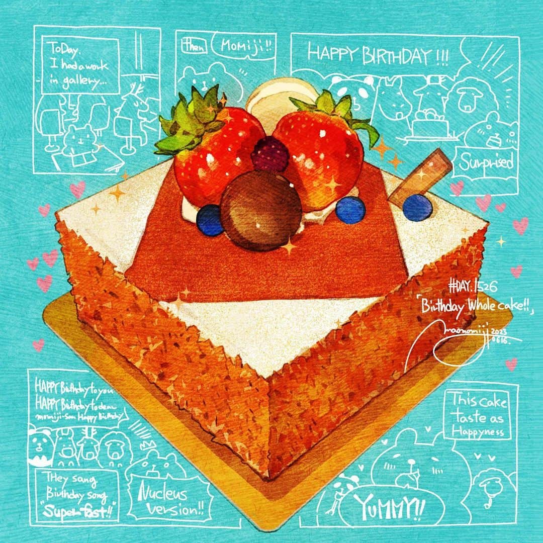 もみじ真魚さんのインスタグラム写真 - (もみじ真魚Instagram)「『#DAY1526/「Surpise Birthday Cake」』  もみじ真魚/MaoMomiji 2023年6月17日 00:32  「嬉しいサプライズ！」 ギャラリーで作業をさせてもらっていたところ、スタッフの皆様からケーキのサプライズ！誕生日が近いことを知ってわざわざ用意してくださったのです。全然予測してなかったので、びっくり！何より凄く嬉しかったです。  その後、みんなでそれを分けていただきました、大きなイチゴのケーキは大きな幸せの味がしました。  A pleasant surprise!" While I was working in the gallery, the staff surprised me with a cake! They knew that my birthday was coming up and went out of their way to prepare it for me. I had not expected it at all, so I was surprised! More than anything, I was extremely happy.  Afterwards, we all shared it together. The big strawberry cake tasted like big happiness.  '一个令人愉快的惊喜！' 当我在画廊工作时，工作人员给了我一个蛋糕的惊喜！他们知道我的生日快到了，不惜一切代价为我准备了蛋糕！ 他们知道我的生日快到了，特意为我准备。 我完全没有想到，所以我很惊讶！"！ 我更高兴了。  之后，我们大家一起分享，大草莓蛋糕吃起来是大幸福。  Una agradable sorpresa". Cuando trabajaba en la galería, el personal me sorprendió con una tarta. Sabían que era mi cumpleaños y se desvivieron por preparármela. No me lo esperaba en absoluto, ¡así que me sorprendieron! Estaba más que contenta.  Después, la compartimos todos, y la gran tarta de fresa sabía a gran felicidad.  #日刊ごはんが好き #foodie #foodieart #dailyilovefood  #毎日更新 #foodillustration #fooddrawing #もみじ真魚 #maomomiji #飯テロ #美食 #birthdaycake #nucleusgallery」6月17日 16時38分 - maomomiji