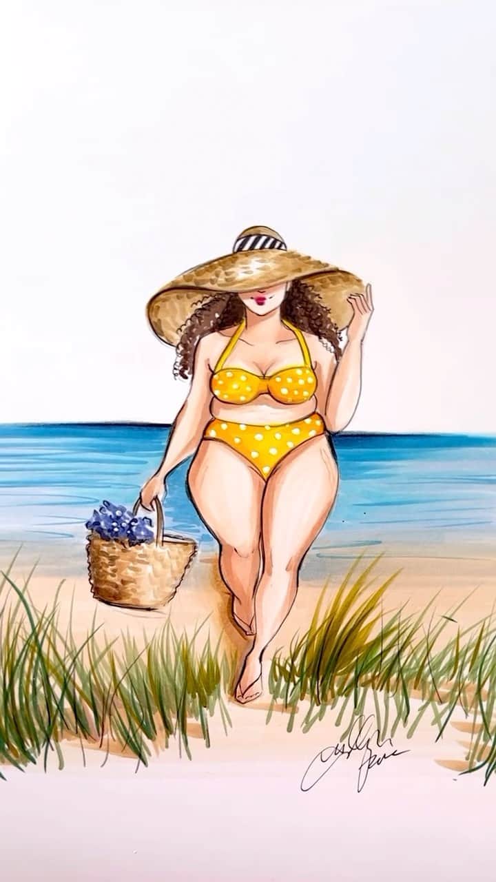 Holly Nicholsのインスタグラム：「Yellow Polka Dot Bikini 💛 #fashionillustration #asmr #relaxing #copicmarkers #bikini #illustration」