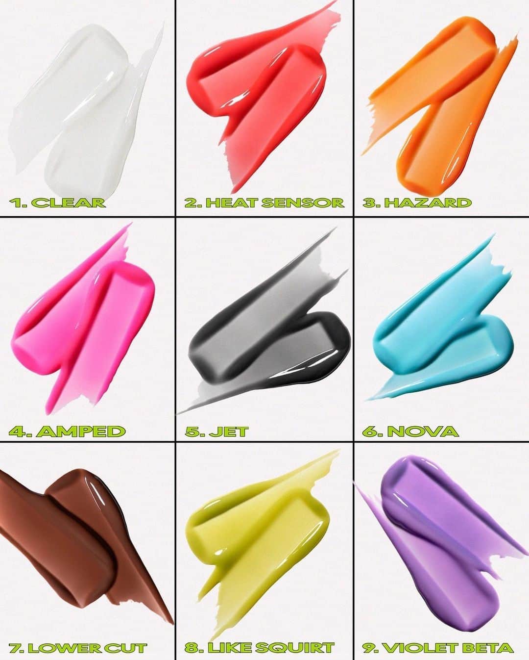 M·A·C Cosmetics BRのインスタグラム：「Queremos todos? SIM! Usamos todos? SIM ✅ O novo #MACSquirtPumpingGlossStick tem até 10 cores que são uma mais linda que a outra 😍  Agora eu te desafio, qual sua cor favorita? 👇  #ParaTodoMundoVer: na primeira imagem aparecem 9 texturas das cores do Gloss Plumping em Stick Squirt da M•A•C, a segunda apresenta as embalagens de cada uma das cores, sendo em ordem, as cores branco, vermelho, laranja, rosa, preto, azul, marrom, verde e roxo. Por último, a terceira imagem apresenta lábios de modelos com cada um aplicado.」