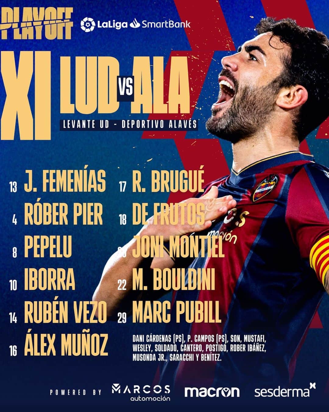 レバンテUDのインスタグラム：「ALINEACIÓN | Un once para hacer historia.   JUNTOS, afición 🙌🏻  #LevanteAlavés 🔛 • @grupomarcosautomocion @macron @sesderma @baleariaferry @amstel_es @cocacola_esp」