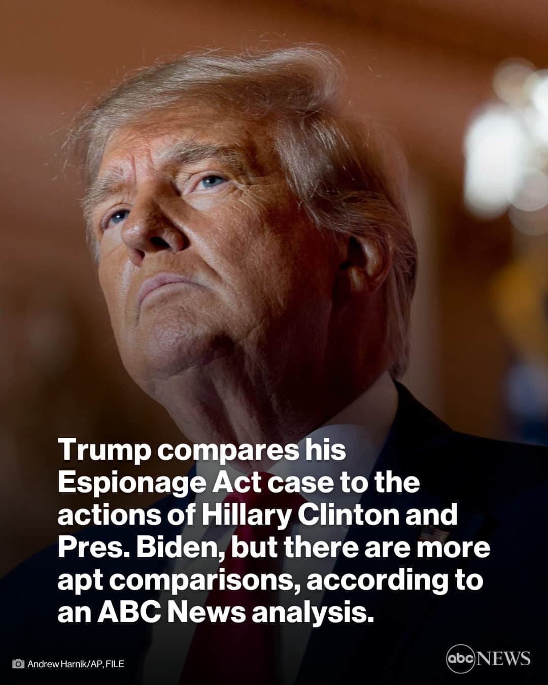 ABC Newsのインスタグラム：「Former President Trump and his supporters have been claiming he's the victim of a legal double standard, pointing to classified documents found to be improperly held by his own vice president and current Republican political rival, Mike Pence, and his past and present Democratic foes Hillary Clinton and President Joe Biden.  While those comparisons may serve a useful political purpose, details in each of those cases show they don't come close to what Trump has been charged with, according to an ABC News analysis. More in link in bio.」