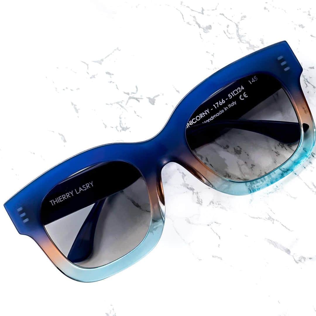 のインスタグラム：「the THIERRY LASRY “UNICORNY” sunglasses in gradient electric blue / light brown & blue acetate w/ gradient grey lenses #thierrylasry #handmadeinitaly」