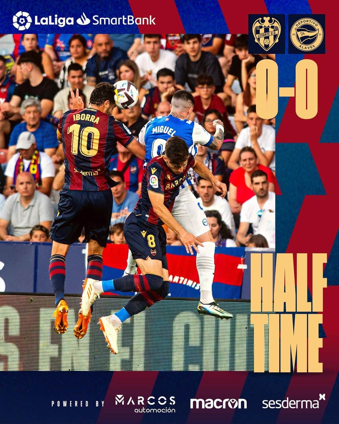 レバンテUDのインスタグラム：「DESCANSO |   #LevanteUD 0-0 @deportivoalaves   • @grupomarcosautomocion @macron @sesderma @baleariaferry @amstel_es @cocacola_esp」
