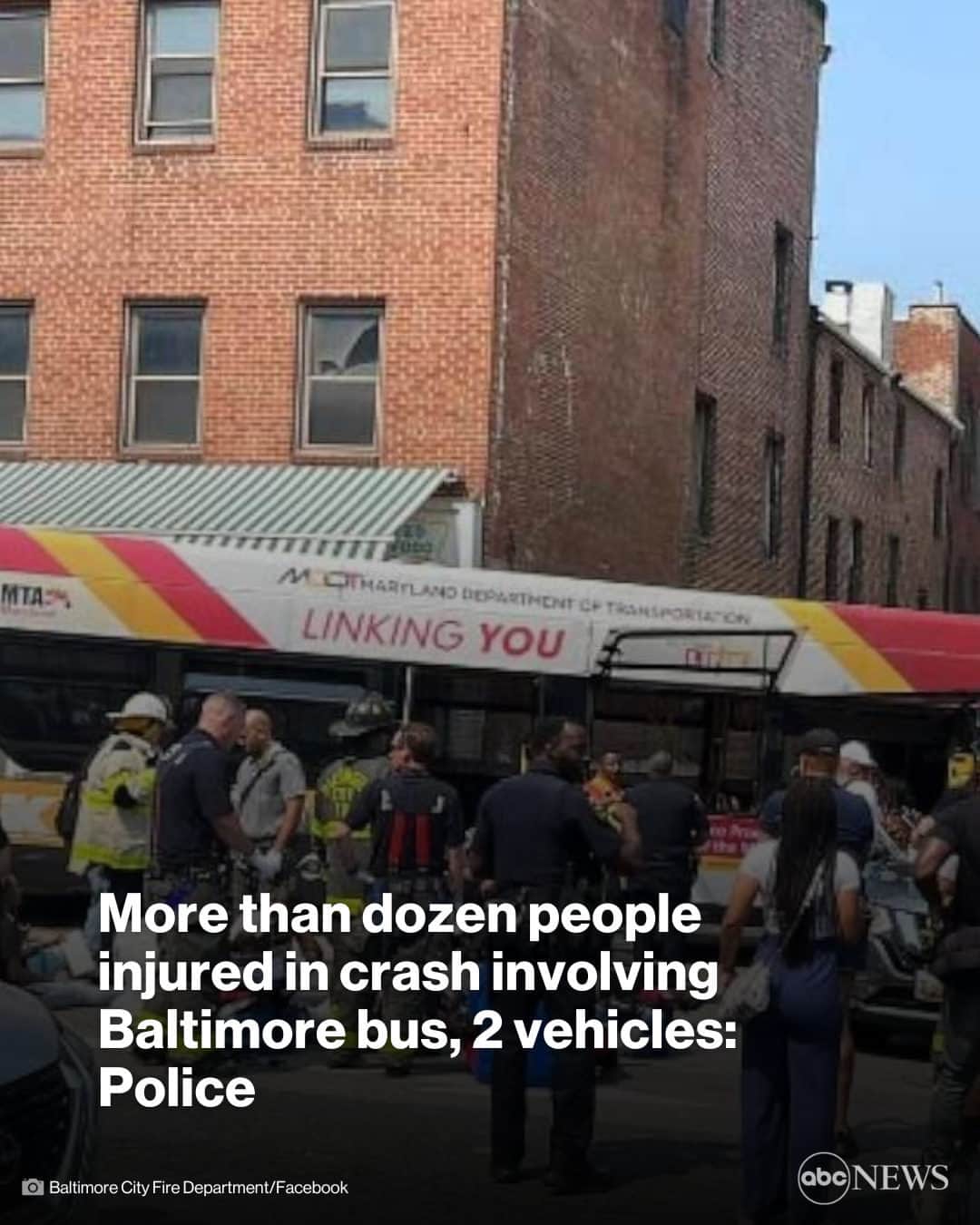 ABC Newsのインスタグラム：「More than a dozen people were injured in a crash involving a public bus and two vehicles in Baltimore, authorities say.  A bus collided with a Lexus and then struck a Nissan, before coming to a stop in a building in the city's Central District, police said. More in link in bio.」