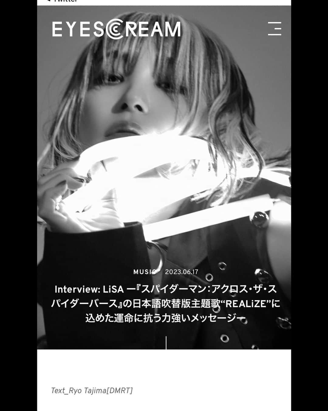 LiSAさんのインスタグラム写真 - (LiSAInstagram)「REALiZEのお話しとスパイダーマンのお話🕸️🕷️❤️🖤🎞️ RT【WEB】 サブカルチャーマガジン「EYESCREAM」のオフィシャルWEBメディア、「EYESCREAM WEB」にてLiSAのインタビューが掲載されています。是非チェックして下さい！ ▼記事はコチラ eyescream.jp/music/132824/  #EYESCREAM #LiSA #LiSA_リアライズ #スパイダーマン  #スパイダーバース」6月18日 9時51分 - xlisa_olivex