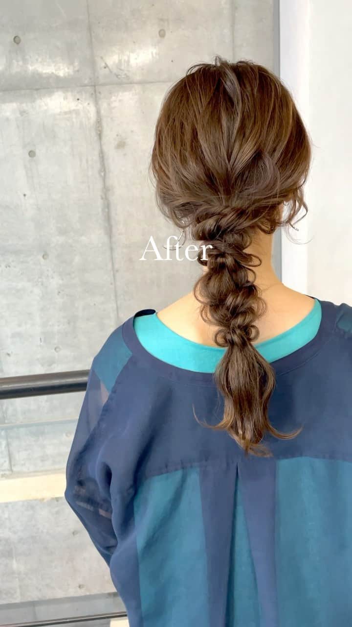 のインスタグラム：「お客様 Before After ✨  cut✂︎ 薄くなっている毛先の調整と 根元が多くなってたので毛量調整しました✂︎  color 赤みが好きじゃないので オリーブベージュでカラーしました🍃  hair arrange 激務後のゆっくりした1日なので 編み下ろしアレンジにしました👏✨  #ヘアアレンジ　#カット　#ヘアカラーベージュ  #ミントカラー  #レイヤーカットロング  #おくれ毛　#編み下ろし  #ヘアアクセサリー」