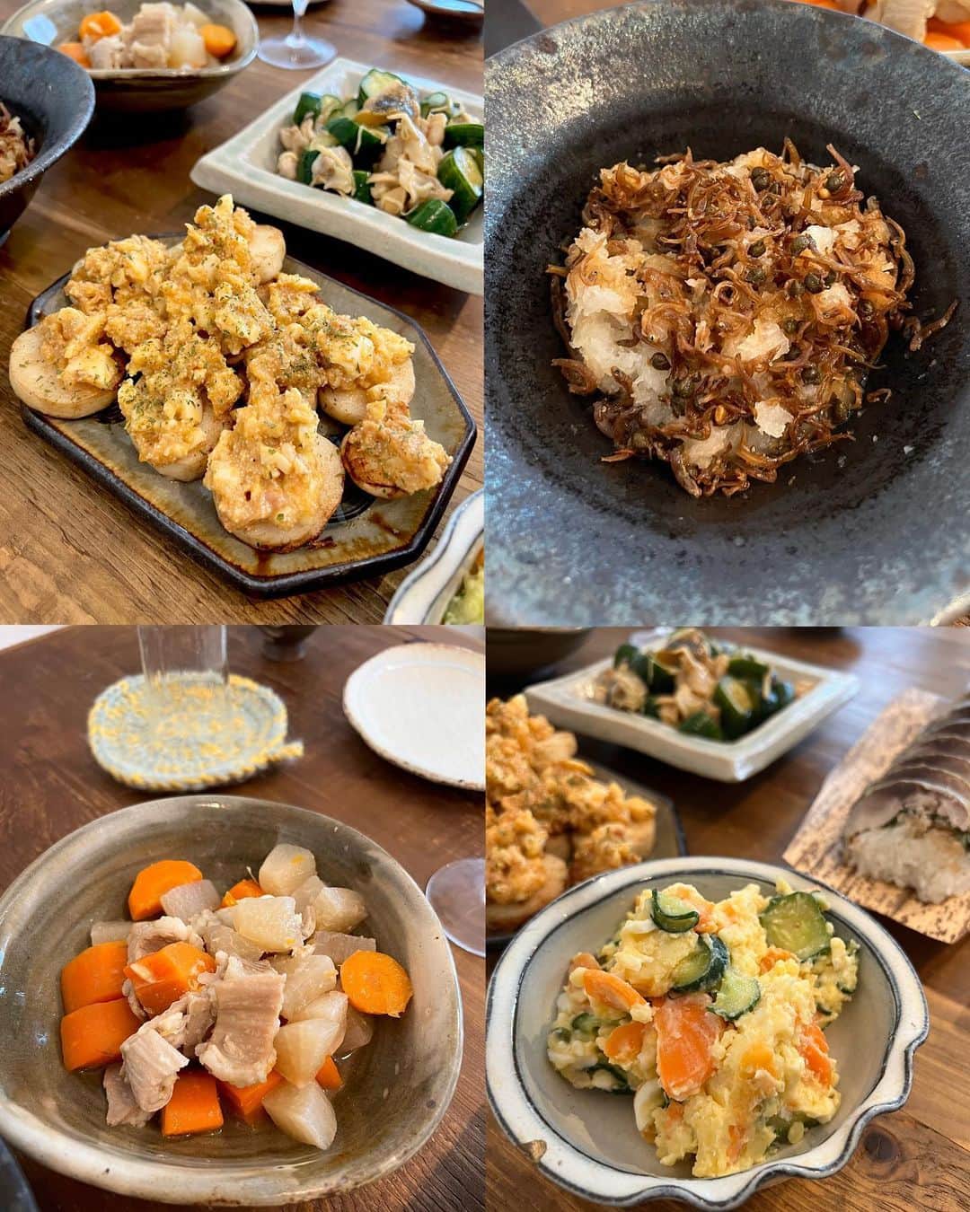 椎名美月さんのインスタグラム写真 - (椎名美月Instagram)「・ 昨日のおもてなしご飯🍶 お昼から🕛😉  ・山芋の明太卵のせ ・ちりめん山椒おろし ・ホルモン塩煮込み ・山椒ポテサラ ・つぶ貝と胡瓜の酢の物 ・焼き茄子のねりごまがけ ・わかさぎ南蛮漬け ・炙り鯖の棒ずし ・どて焼き ・しめ鯖 ・からすみ蕎麦  日本酒会なので、日本酒に合う料理たち。 おかげで沢山日本酒空きました（笑）さすがに飲みすぎた☹️  #ミツキご飯 #おもてなしご飯」6月18日 13時21分 - mitsuki__shiina