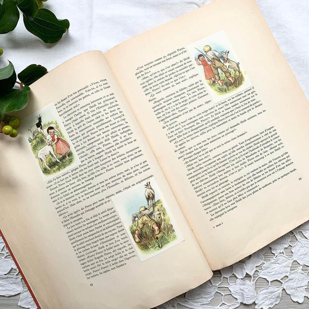 稚野鳥子さんのインスタグラム写真 - (稚野鳥子Instagram)「1944年発刊のハイジ。 イラスト部分はクロモスカードの様に印刷された紙が貼られています。スイス製  #ハイジ #heidi #童話 #絵本 #児童書 #古書 #スイス #antique #brocante #恵比寿アンティークショップ」6月18日 15時18分 - toricolore_shop