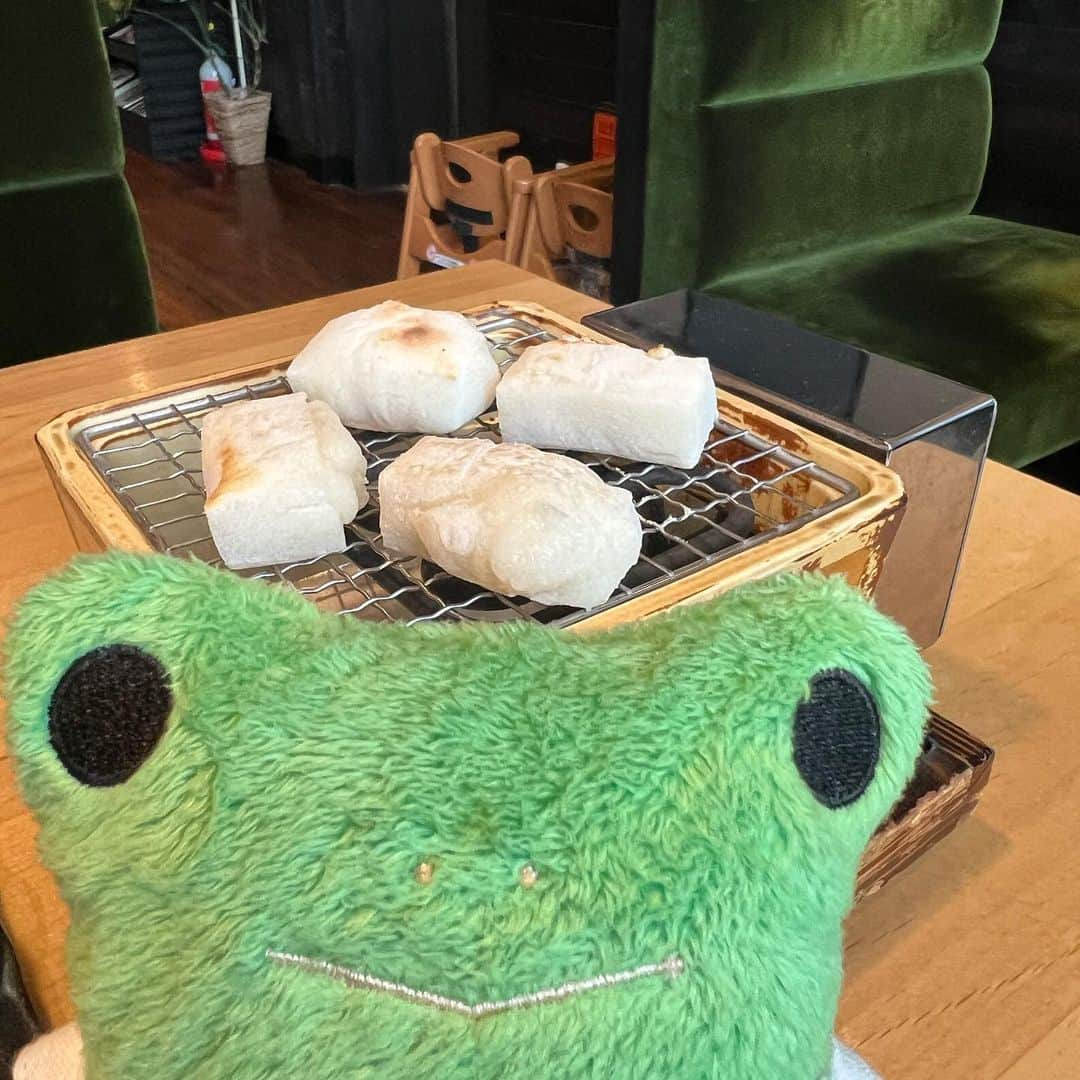 江口ともみさんのインスタグラム写真 - (江口ともみInstagram)「ひーくんだよ🐸  この間自分でお餅焼けるとこ行ったよ‼️焼いてお醤油塗ってまた焼いて。。。で、海苔に巻いたけど、あっつくて持てなくてさ  写真だけ撮って‼️ってかあさんに言って撮ってもらったんだけどさ お餅が近過ぎてなんだか美味しそうに見えないね🌀  美味しかったけどね❣️ お団子とかも焼けるらしい また連れてってもらおーっと  #fumofumosan #フモフモさん #ひーくん #磯部焼き#お餅 #おかげ庵」6月18日 20時59分 - tomomin.eguchi