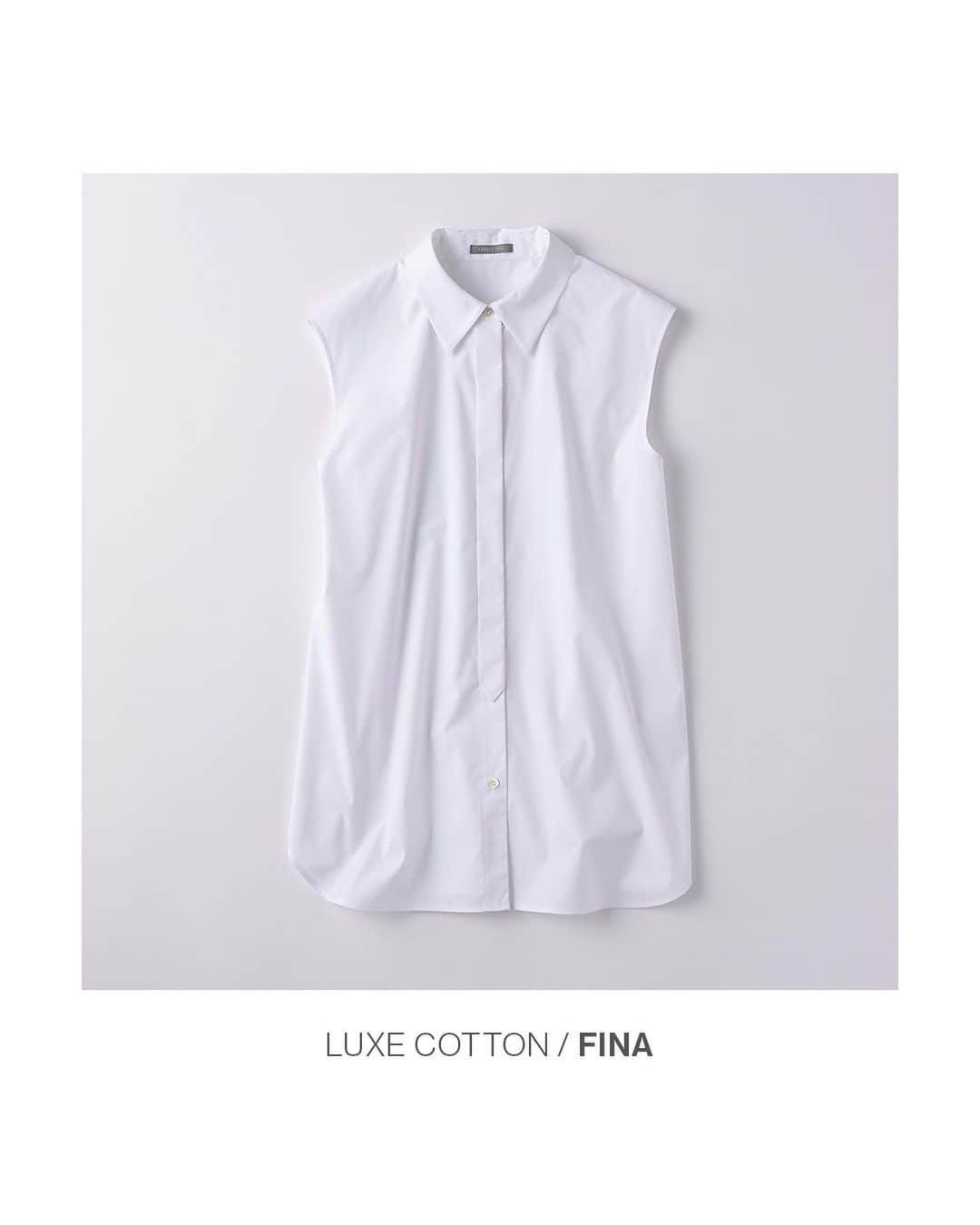 Theory luxe official account.のインスタグラム：「［BREEZY SUMMER TOPS］  デザイン性のある比翼仕立てで差をつけた洗練美が宿るスリーブレスシャツ  シャープな印象はそのままに、変型比翼仕立てがポイントになったスリーブレスシャツ。 肩先が隠れるストレートシルエットなので一枚でも着こなしやすく、デザインが生きるウエストアウトスタイルがおすすめ。  コットンのナチュラルな風合いとポリエステルの機能を兼ね備えた素材にUVカット効果もプラスされ、夏の紫外線対策も優秀。  ブラックパンツを合わせ、クールなモノトーンで決めて。  #theoryluxe #セオリーリュクス  #シャツ #ブラウス #ノースリーブシャツ #きれいめコーデ #パンツスタイル #ワイドパンツ #モノトーン #モノトーンコーデ #きれいめカジュアル」