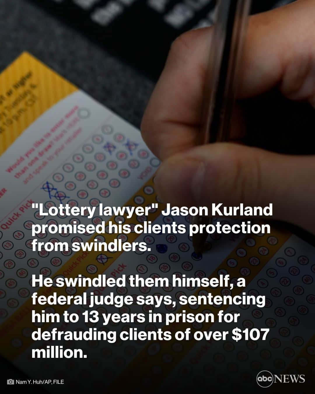 ABC Newsのインスタグラム：「"Lottery lawyer" Jason Kurland promised his clients protection from swindlers but he ended up swindling them himself, a federal judge said as he sentenced Kurland to 13 years in federal prison for defrauding clients out of more than $107 million.  Jason Kurland was convicted last July of fraud, conspiracy and unlawful monetary transactions. He steered his clients, winners of some of the biggest lottery jackpots ever in the U.S., into investments in companies that, unbeknownst to them, he owned or were owned by co-conspirators in the scheme, who siphoned money for themselves and paid Kurland secret kickbacks. MORE AT LINK IN BIO.」