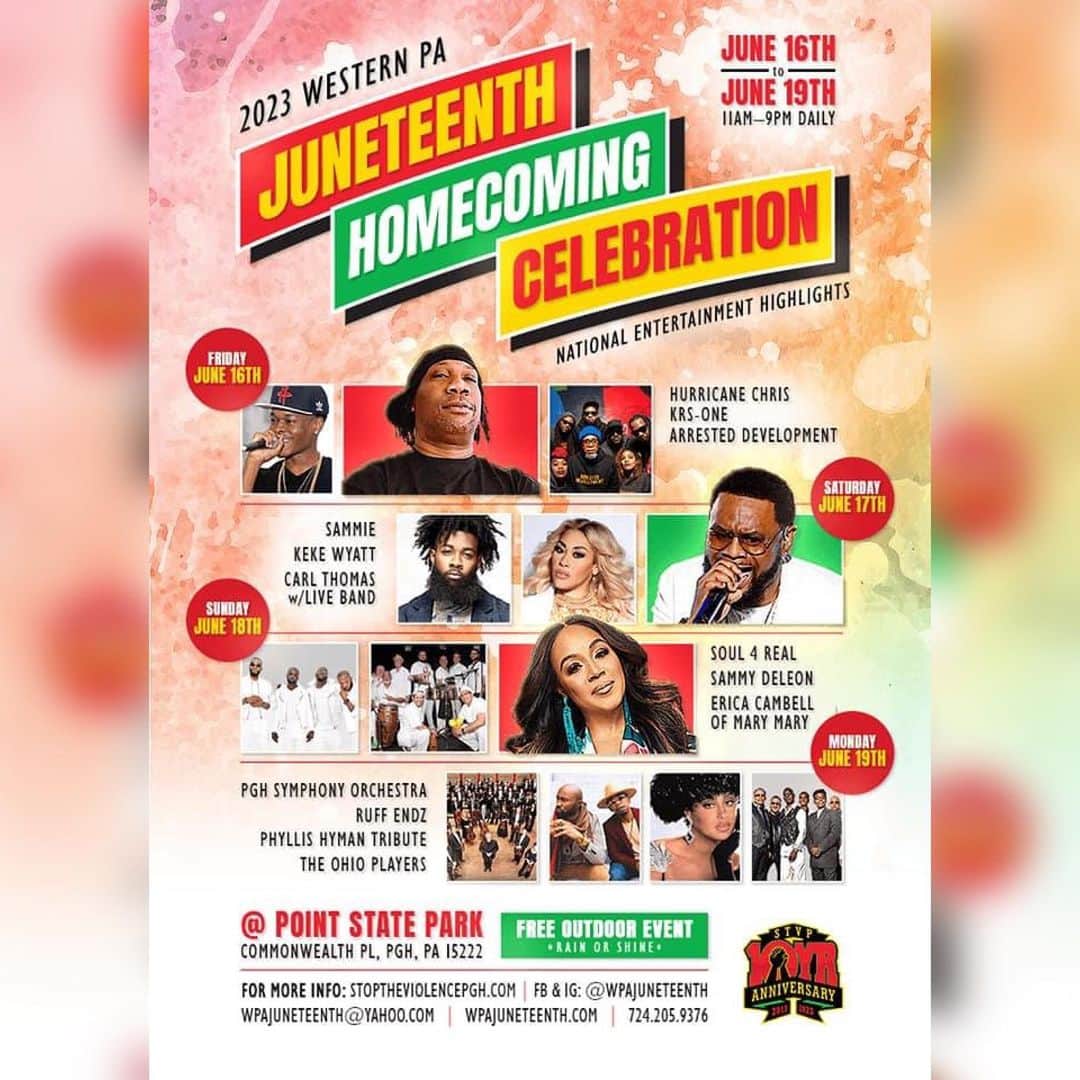 のインスタグラム：「PITTSBURGH, PA AND SURROUNDING AREAS! Join me today at Point State Park for the 2023 Western Pennsylvania Juneteenth Homecoming Celebration! Admission is FREE! I can’t wait to see you there! ❤️💚🖤」