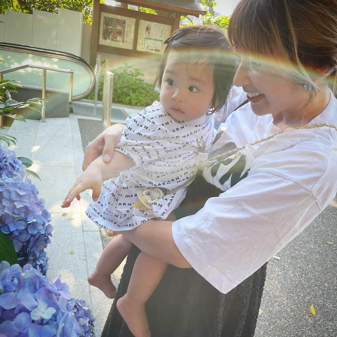 土岐田麗子のインスタグラム：「🌈♡  食事の前に時間があったから 近くの神社にお参り♡ 普通に携帯カメラで撮ったのに 虹がかかったよー♡  #🌈❤️  #紫陽花 #happywalk #instadiary」