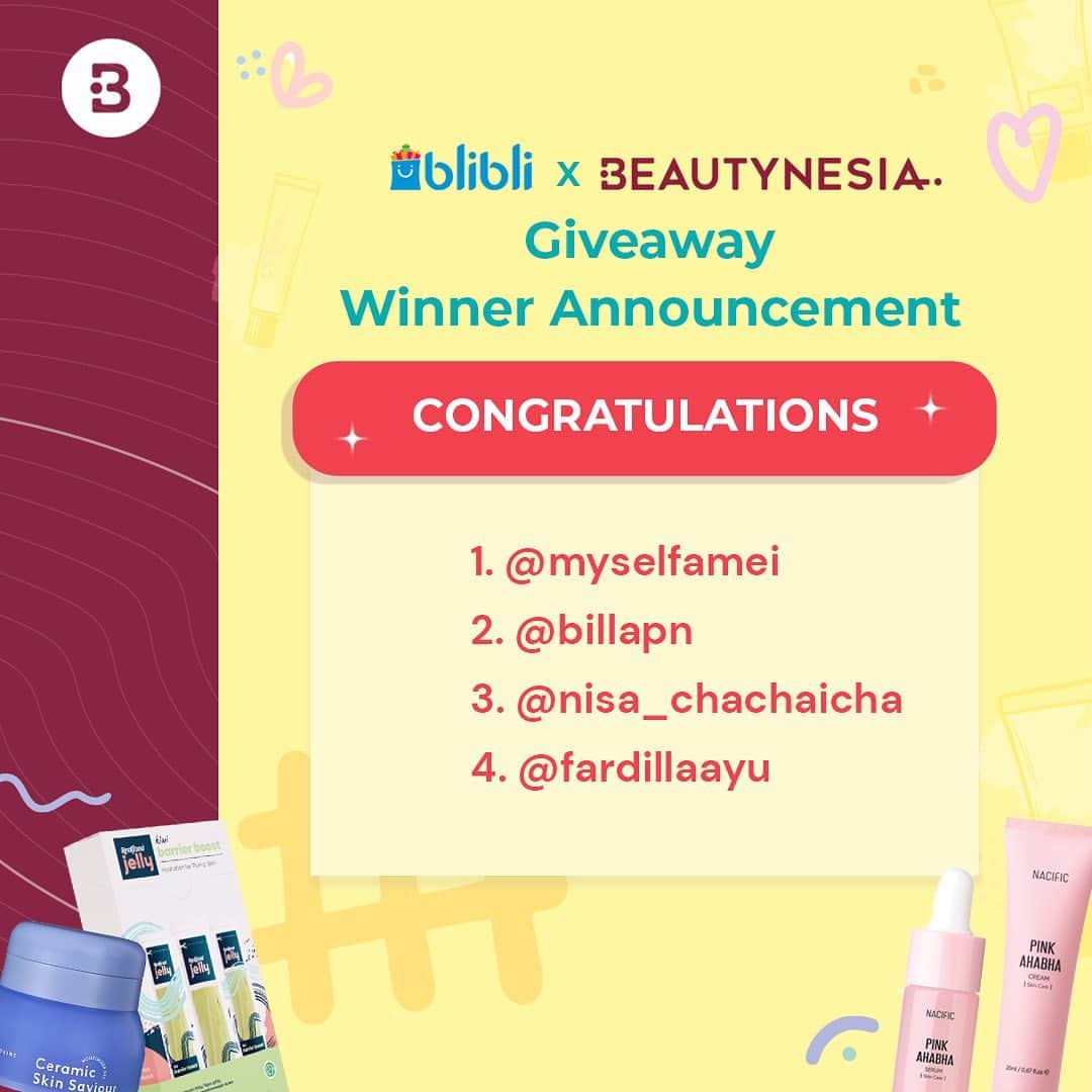 のインスタグラム：「📣 Announcement 📣  Yeaaay! Congratulations untuk 4 Beauties yang udah menang di giveaway @beautynesia.id dan @bliblidotcom 🥳 kirim alamat kalian via dm yaaa!」