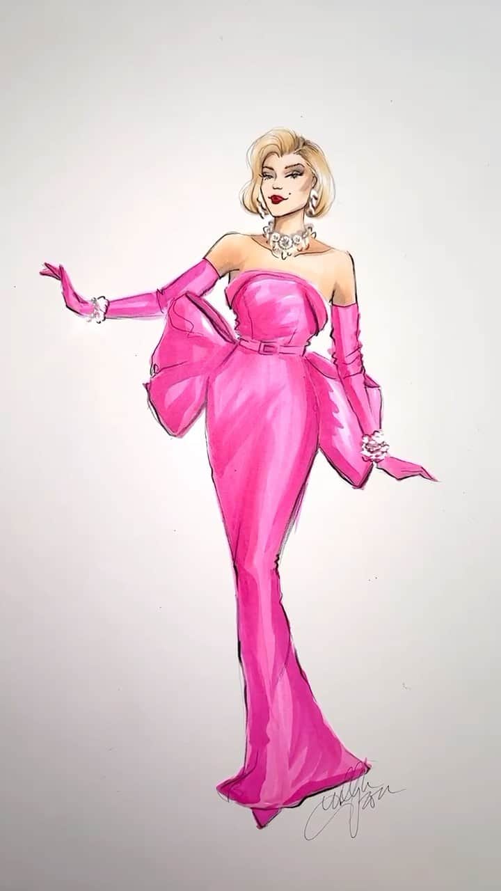 Holly Nicholsのインスタグラム：「Diamonds are a Girl’s Best Friend 🎶 Miss Monroe wears a pink gown by William Travilla #marilynmonroe #asmr #asmrsounds #fashionillustration #copicmarkers #illustration」