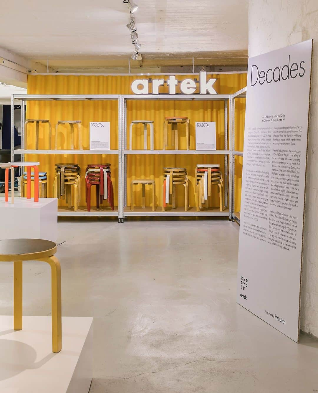 Artekのインスタグラム：「"Decades" at Artek 2nd Cycle⁠ ⁠ Decades, currently open at Artek 2nd Cycle, celebrates the 90th anniversary of Stool 60. It presents a vast curated selection of standard and special editions of the stool from every decade stretching from the 1930s to 2020s. The majority of these stools are for sale, so make sure to visit if you are in Helsinki this summer. ⁠ ⁠ Exhibition architecture Lauri Johansson⁠ Graphic design TSTO⁠ ⁠ Decades is open from⁠ 11 May - 15 September 2023⁠ ⁠ Thu-Fri 11-18 and by appointment.⁠ ⁠ #artek2ndcycle⁠ #decades⁠ #stool60⁠ #90yearsofstool60⁠ #artek⁠ #alvaraalto」