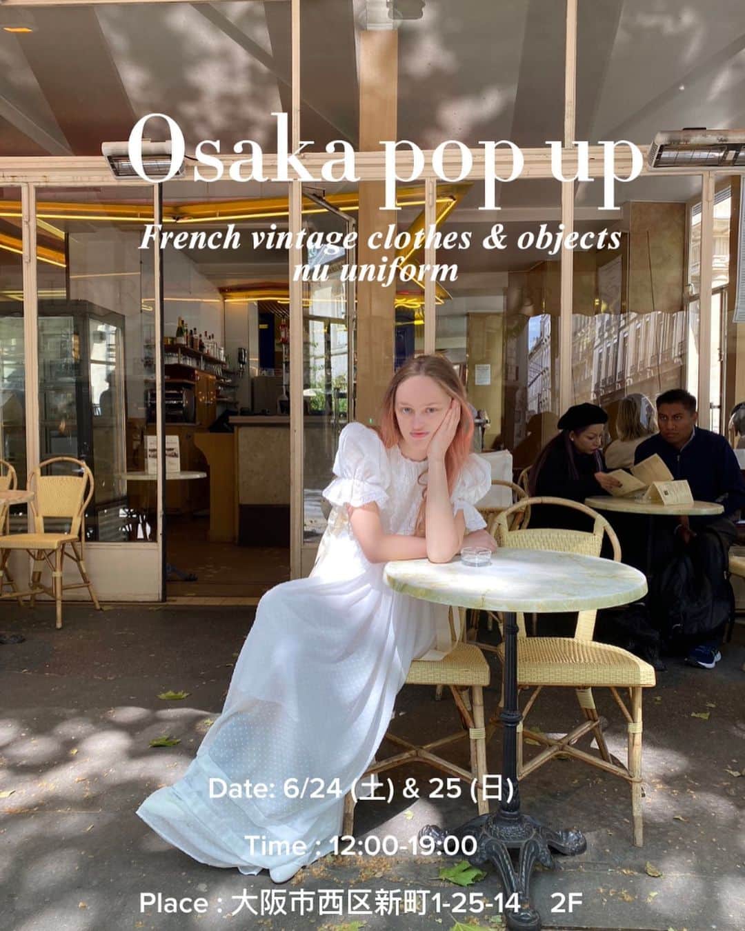 小藪奈央のインスタグラム：「大阪でvintageのpop upを開催します🦢 フランスで郊外も併せて15箇所くらい回って買い付けたヴィンテージのお洋服と雑貨をお披露目します。 広めの場所なので沢山持って行く予定です。  French market & nu uniform fitting pop up in Osaka   Date: 6月24(土) & 25(日) 12:00-19:00  Venue: 大阪市西区新町1-25-14　2F ヴィンテージショップの2階ですが入り口は別になります。 心斎橋から9分 西大橋から2分  また @nu_uniform の新作もお持ちします。是非この機会にご試着してみて下さい。 オーダーも承ります。  ヴィンテージはまだ出してないものも沢山持っていきますよ🤍 お会い出来るのを楽しみにしています！ 予約は不要ですのでお気軽に時間内にお越し下さいね。  <English> French market & nu uniform fitting pop up in Osaka   Date: Sat 24th & Sun 25th June 12:00-19:00  Venue: 2nd floor, 1-25-14 Shinmachi, Nishi-ku, Osaka city, Osaka  Above a vintage shop but separate entrance Nearest station: Nishi Ohashi or Shinsaibashi」