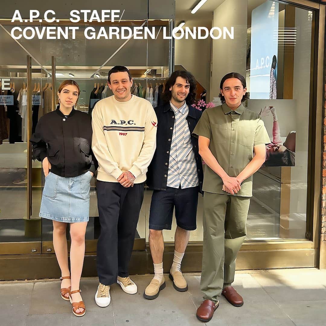アーペーセーのインスタグラム：「A.P.C. Covent Garden staff in London.  Lea wears: Haley jacket in black Lea skirt in pale blue Judith sandals in brown   Javier wears: Adam sweatshirt in ecru Renato trousers in navy  Iggy shoes in camel  Giulio wears: Gil shirt in denim Riley shirt in pale blue Helio shorts in indigo  Gael moccasins in taupe  Matt wears: Hunt shirt in kaki Chuck trousers in kaki Danny mules in brown  All articles available in stores and at apc.fr  A.P.C. COVENT GARDEN 17 Floral Street WC2E 9DS London  #APC #APCstaff #London」