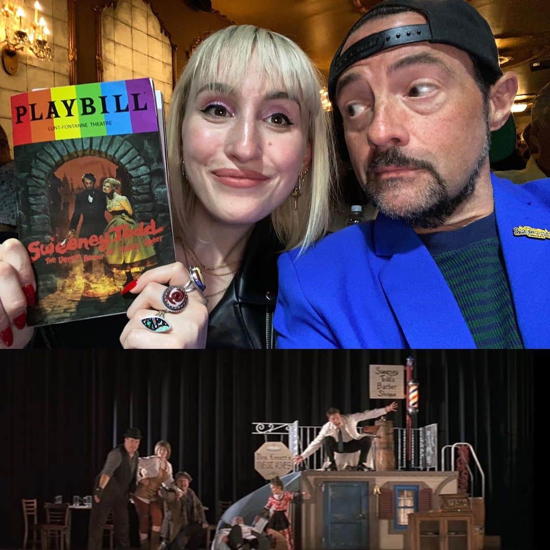 ケヴィン・スミスのインスタグラム：「For Father’s Day, I took my only begotten child @harleyquinnsmith to see @sweeneytoddbway! It wasn’t life imitating art so much as life imitating a movie I made 20 years ago, with me being #benaffleck and Harley standing in for @raquelxcastro. Sweeney has always been my favorite musical - so much so that I’ve seen the show five different times. And this production of the @realsondheim classic was my favorite, with @annaleighashford absolutely crushing it as an hysterical Mrs. Lovett and @joshgroban making a heartbreaking Benjamin Barker. After joining us for some shopping at @mooshoes_nyc and @orchardgrocer and an excellent lunch at @pskitchennyc, future son-in-law @austinzajur skipped the show so Harley and I could Daughter-and-Dad it in seats so close to the stage, I could’ve stolen a meat pie from @gatenm123. Back in the day, my Dad partly parented by sharing with me the media he loved, and I’ve always tried to follow his example by doing the same with my kid. Bringing Harley to Todd was a longtime dream of mine - so checking off this Broadway box made it a meaningful Father’s Day for this particular Mother Fucker. Harley, you’re the best daughter I could ever hope for, Kiddo. Thank you for not only making me a Dad, but for making me the kind of Dad that would’ve made my Father feel like he succeeded. #KevinSmith #harleyquinnsmith #sweeneytodd #austinzajur #fathersday」