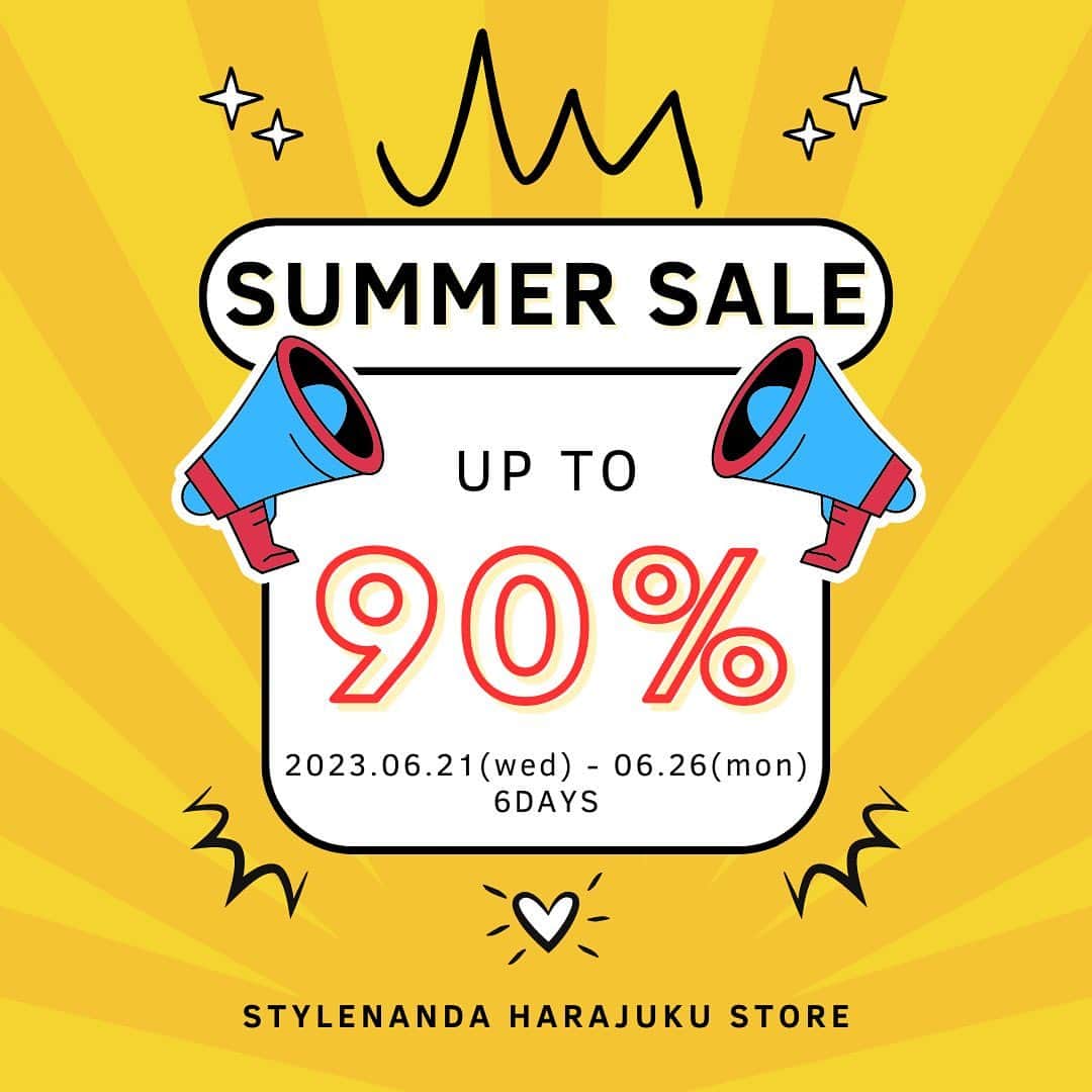 STYLENANDAのインスタグラム：「. STYLENANDA HARAJUKU STORE ‼️SUMMER SALE‼️ . 6/21(水)より6日間🔥 除外商品なし！！ 最大90％OFFのサマーセールを開催👏 . ≪期間≫ 6/21(水) - 6/26(月) 【6日間】 . 皆様のご来店お待ちしております💖 . お問い合わせ： STYLENANDA HARAJUKU  東京都渋谷区神宮前1-6-9 03-6721-1612 Opening hour:11:30-19:30 . #3CE #3CESTYLENANDA #スリーシーイー #スタイルナンダ原宿 #原宿 #韓国コスメ #韓国ファッション #セール」