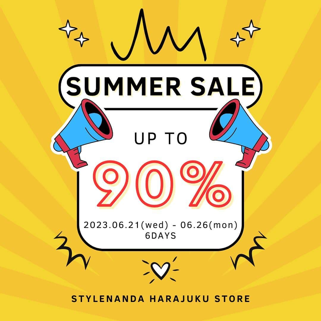 STYLENANDAのインスタグラム：「. STYLENANDA HARAJUKU STORE ‼️SUMMER SALE‼️ . 6/21(水)より6日間🔥 除外商品なし！！ 最大90％OFFのサマーセールを開催👏 . ≪期間≫ 6/21(水) - 6/26(月) 【6日間】 . 皆様のご来店お待ちしております💖 . お問い合わせ： STYLENANDA HARAJUKU  東京都渋谷区神宮前1-6-9 03-6721-1612 Opening hour:11:30-19:30 . #3CE #3CESTYLENANDA #スリーシーイー #スタイルナンダ原宿 #原宿 #韓国コスメ #韓国ファッション #セール」