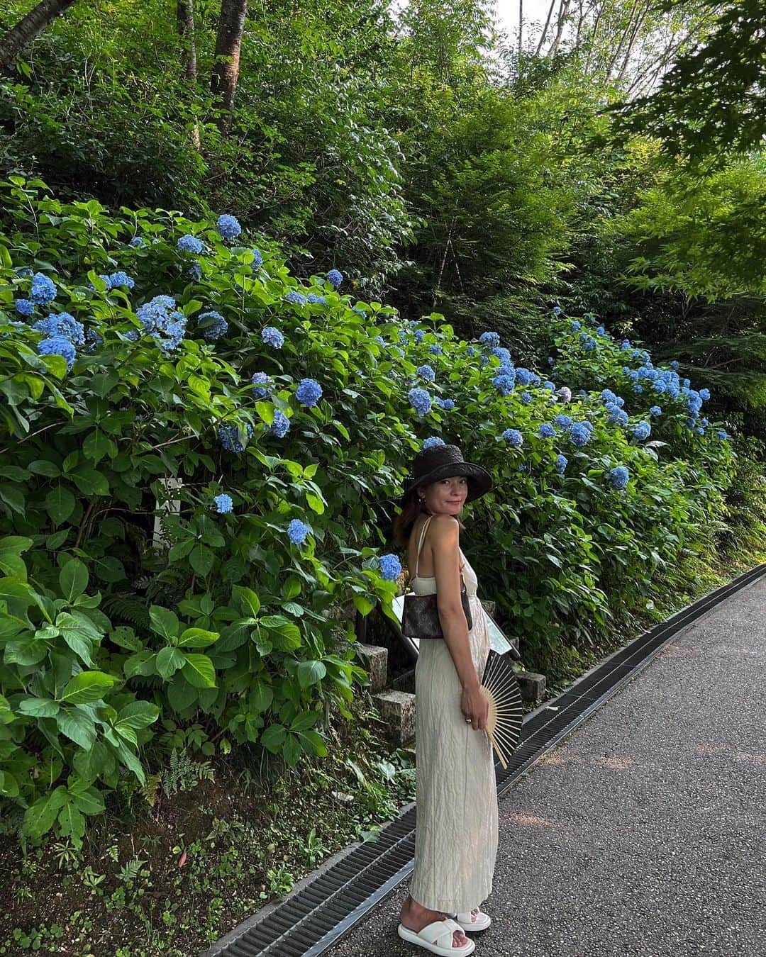 Fabiolla Takinamiのインスタグラム：「去年の今頃は京都へ紫陽花見に行ってたね☺️ . #写真を見返すと  . センス持つのは 毎年恒例になりそうやな。笑 . . お気に入りのワンピースは すっかりサイズオーバーしたので フリマで素敵な女性の元へ旅立ちました✈️ . . #fb923#紫陽花#京都」