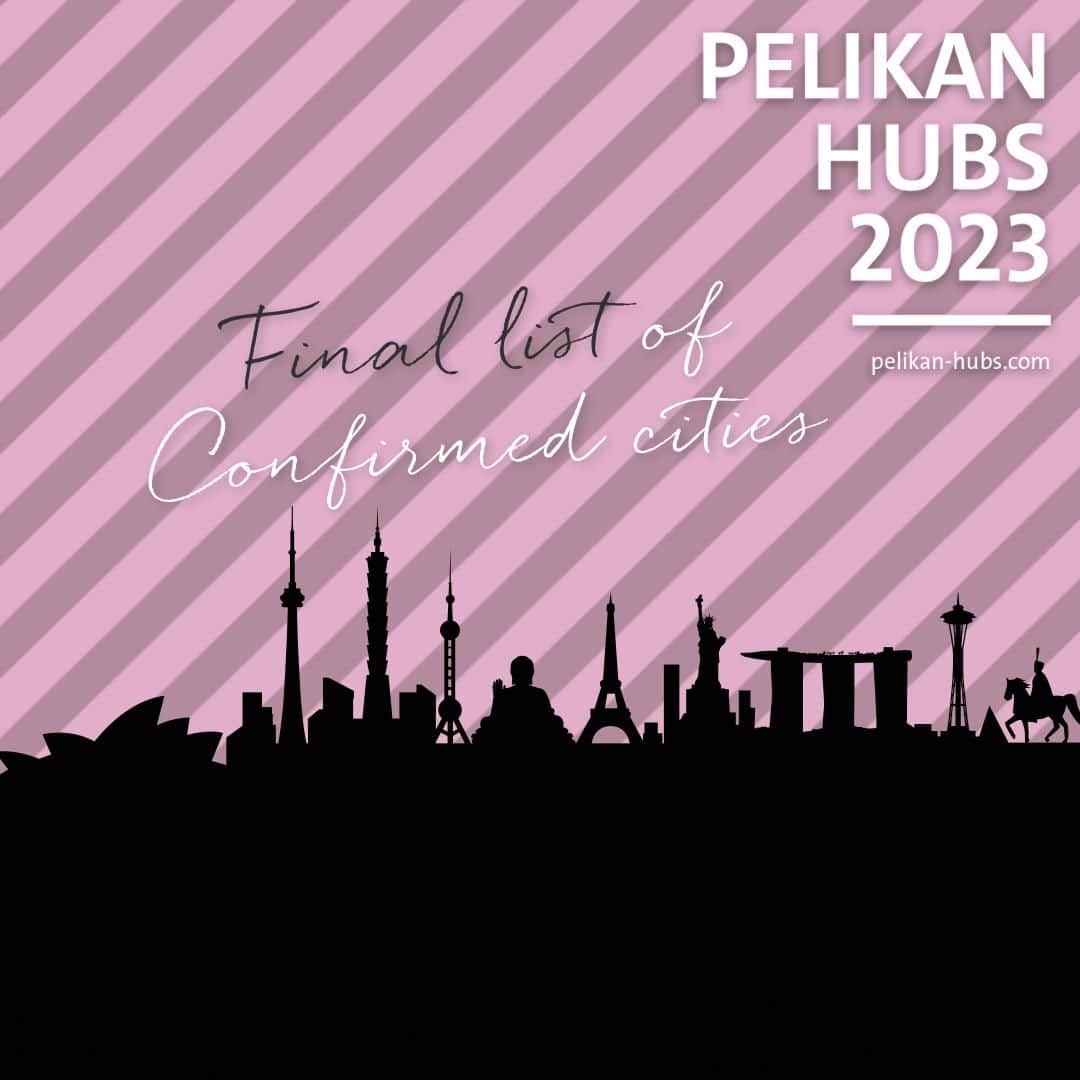 のインスタグラム：「Confirmed Cities 2023 – the final *updated* list 🎉 Thank you for your registrations for the Hubs 2023 - registration is closed by now and we updated the final list of confirmed cities! This year the Pelikan Hubs will take place in 226 cities worldwide. Click through the slides to see the full list or visit our Pelikan Hubs website for the interactive world map (Link in Bio).  #PelikanHubs2023 #PelikanHubs #PelikanPassion」