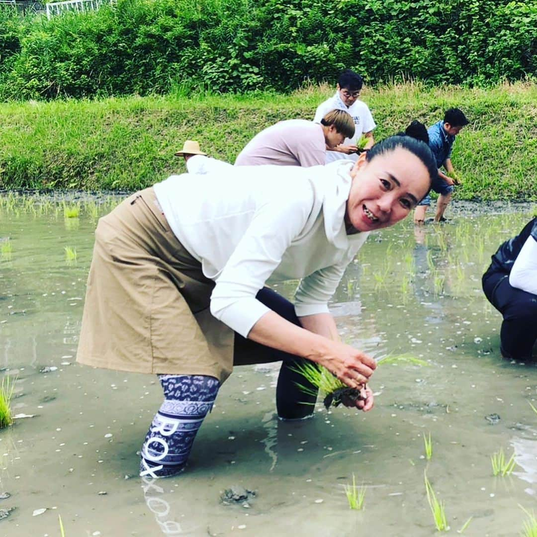 河瀬直美さんのインスタグラム写真 - (河瀬直美Instagram)「田植え 10年目✨✨✨  いやぁ よー腰おとして 踏ん張っております😅  バスケ部で ディフェンスする時の カタチですな  働いた後は 恒例のBBQ コロナで3年程 お弁当で我慢してたけど 田植えは続けて ようやく みんなでBBQ  楽しいなぁ 嬉しいなぁ  今度は稲刈り 秋にまたお会いしましょう😉  Planting rice for the 10th year ✨✨✨  Ahhh really bending over and giving it my all 😅  The same stance I had playing defense on my basketball team  As always, we had a BBQ after working Due to covid we had to make due with boxed lunches for three years but we continued to plant rice and finally we were all able to have a BBQ  So fun so happy  Next time will be cutting the ears of rice See you again in autumn 😉  #直美米 #田植え #10年目 #感謝✨ #naomirice  #plantingrice  #10thyear  #gratitude✨」6月19日 22時53分 - naomi.kawase