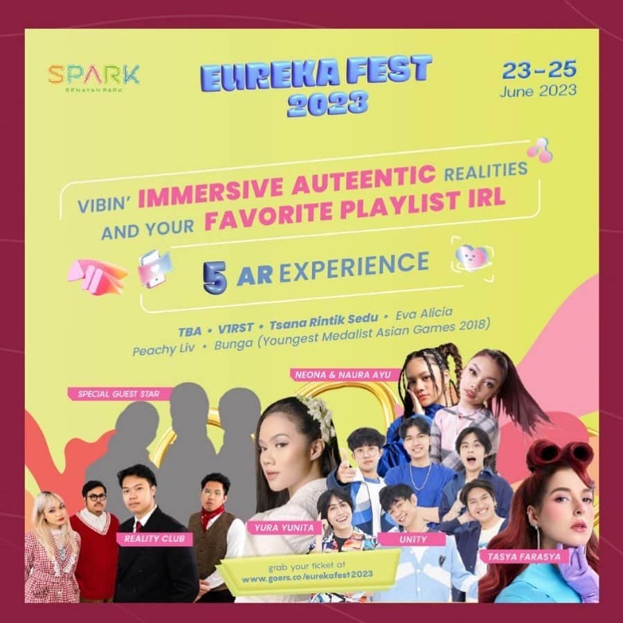 のインスタグラム：「Hi Beauties, weekend minggu ini mau ke mana nih? Kalau belum ada rencana mending ke Eureka Fest yang akan diadakan tanggal 23-25 Juni 2023 di Senayan Park!  Di sana akan ada banyaak acara menarik seperti art zone, exhibition dan dimeriahkan juga oleh beberapa penampilan music mulai dari Yura Yunita, Reality Club, TBA, Un1ty, Naura Neona, Voice of Bacheprot, V1rst, dan GAC. Selain itu juga dimeriahi oleh beberapa public figure seperti Tasya Farasya, Tsana Rintik Sendu, Bunga Youngest Medalist Asian Games, Eva Alicia, dan Peachy Liv.   Yuk beli tiketnya dan jangan sampai kehabisannn! 😍」