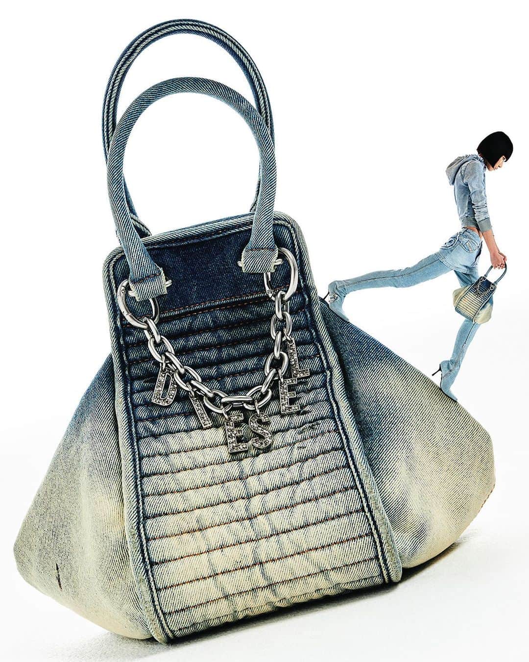 ディーゼルのインスタグラム：「True to size.   A faded wash denim bag with a Diesel charm on it is more than just an accessory. It completes your total denim look.   Shop Denim Accessories at the link in bio.   #DieselFW23 #ForSuccessfulLiving」