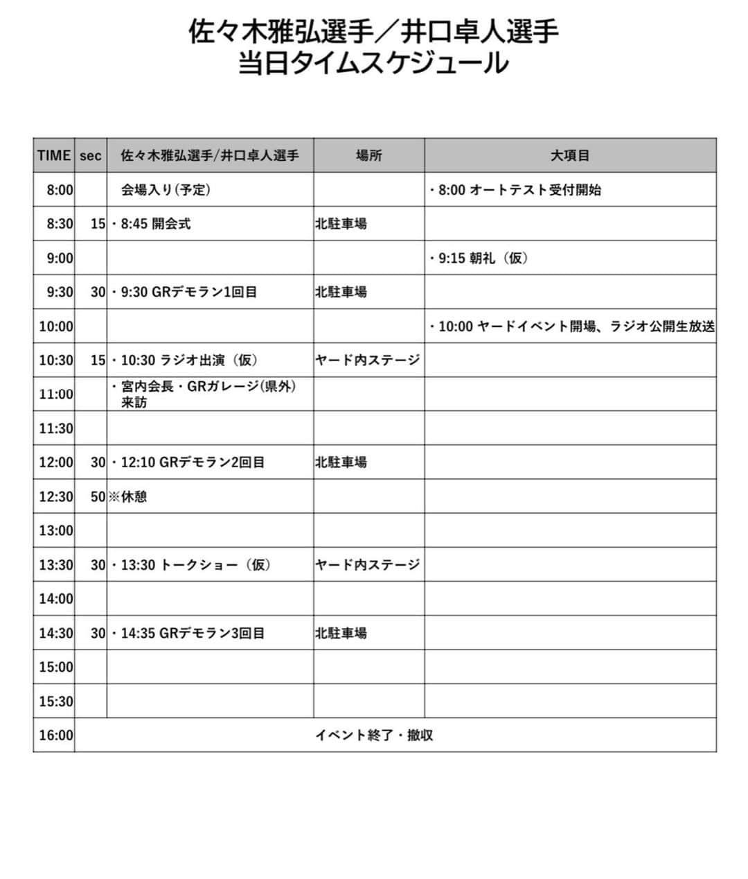 井口卓人さんのインスタグラム写真 - (井口卓人Instagram)「はい🤚 今週末になりました！  『ALL TOYOTA GROUP FESTIVAL2023』  僕と井口選手のスケジュールを載せておきます！！  トークショーありますので是非皆様遊びに来てください！！  入場無料ですよ！！！  会場はトヨタ自動車東日本株式会社 岩手工場になります。  東北のモータースポーツを盛り上げる為に頑張ります💪  ちなみ当日エントリーも出来るオートテストも開催します😁 www17.plala.or.jp/blest-msports/…  #rookieracing  #gazooracing  #lexus  #toyota」6月20日 9時30分 - takutoiguchi