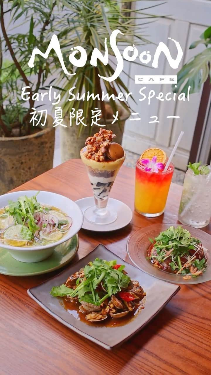 モンスーンカフェのインスタグラム：「Monsoon Cafe Early Summer Menu 😎⁠ 初夏の限定メニュー提供開始！🥥⁠ ⁠ ・たっぷり香味野菜の鰹のたたき⁠ ・あさりのタイ風チリバジル炒め⁠ ・蒸し鶏とフレッシュハーブの冷製フォー⁠ ・ベトナムコーヒーと塩キャラメルのブリュレパフェ⁠ ⁠ On the menu we have: 🌴⁠ seared bonito with veggies and herbs, stir-fried clams with Thai chili basil, cold fresh herb chicken pho, and Vietnamese coffee salted caramel creme brûlée parfait⁠.⁠ ⁠ Come get it while its still available 🌊⁠」