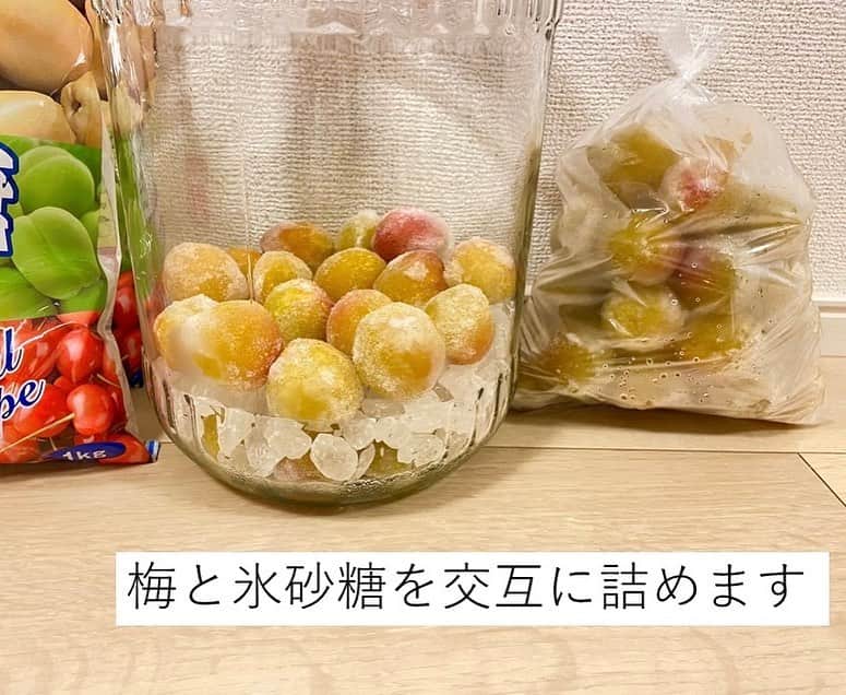 和歌山県食品流通課さんのインスタグラム写真 - (和歌山県食品流通課Instagram)「梅シロップを作ってみよう❣️  皆さん、梅シロップをご存じですか？和歌山県内にお住まいの方でも、梅干しや梅酒には馴染みがあるものの、梅シロップを作ったことがない方も多いのではないでしょうか💭  今日は、梅産地では誰もが知る、簡単で成功まちがいなしの作り方をご紹介します✨️  梅しごと、まだまだ間に合います。ぜひお楽しみください！   【必要なもの】 ・青梅１kg ・氷砂糖１kg（梅と同量） ・ビン（容量３L以上のもの） ・竹串   【作り方】 1⃣青梅のヘタを竹串で取り除きます。 2⃣青梅を洗い、乾燥させます。 3⃣ 24時間以上を目安に冷凍します。 　　＜ポイント＞細胞が壊れ、早くエキスが出ます。 4️⃣ キッチンアルコールで拭くなどして、  　  ビンの内側を殺菌します。 5️⃣ 梅と氷砂糖を交互にビンに入れます。  　  これでいったん作業は完了  　  ここから保管しますが、ビンが結露するので、  　  保管場所にご注意ください。 6️⃣ 一晩たてば、シロップができてくるので、  　  一日に数回ビンを回します。 7⃣約１週間で完成します。梅を除いて、  　 シロップを別容器で保存してください。  　 シロップを鍋でひと煮立ちさせると、長期保存が可能です。   【おすすめの使い方】 まずは、水や炭酸水で割って梅ジュースとしてお楽しみください。牛乳で割ると、梅の酸と牛乳のたんぱく質が反応して、ラッシーや飲むヨーグルトのように、とろっとします。これは産地では知られた、とっておきの飲み方で、朝食やおやつに特におすすめです。その他、プレーンヨーグルトに混ぜても美味しいです。   【ひとこと】 青い梅は「すっきり」、黄色く熟した梅は「フルーティー」に仕上がります。梅や砂糖の種類で組み合わせを変えて、さまざまなシロップを楽しめます。 ちなみに、青梅と氷砂糖を交互に詰めたところに、ホワイトリカーなどのお酒を注ぐと、梅酒が作れますよ♪   青梅は、量販店の他、食の総合ポータルサイト「おいしく食べて和歌山モール」からもご購入いただけます。冷凍梅が販売されていることもあります。 ぜひご確認ください→　https://oishii-wakayama.com/   #梅  #梅仕事  #梅しごと  #梅シロップ  #梅ジュース  #うめラッシー  #おいしく食べて和歌山モール  #なんて素敵な和歌山なんでしょう  #和歌山県 #wakayama  #insta_wakayama  #おいしい健康わかやま  #tasty_healthy_wakayama」6月20日 11時09分 - tasty_healthy_wakayama