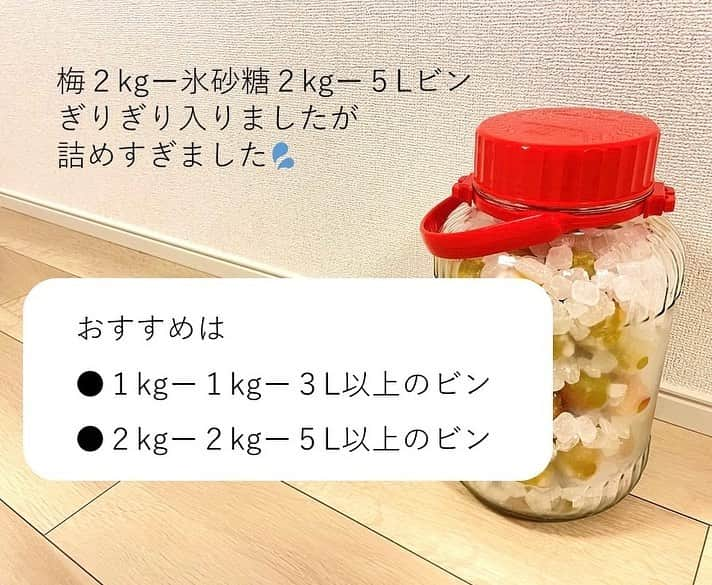 和歌山県食品流通課さんのインスタグラム写真 - (和歌山県食品流通課Instagram)「梅シロップを作ってみよう❣️  皆さん、梅シロップをご存じですか？和歌山県内にお住まいの方でも、梅干しや梅酒には馴染みがあるものの、梅シロップを作ったことがない方も多いのではないでしょうか💭  今日は、梅産地では誰もが知る、簡単で成功まちがいなしの作り方をご紹介します✨️  梅しごと、まだまだ間に合います。ぜひお楽しみください！   【必要なもの】 ・青梅１kg ・氷砂糖１kg（梅と同量） ・ビン（容量３L以上のもの） ・竹串   【作り方】 1⃣青梅のヘタを竹串で取り除きます。 2⃣青梅を洗い、乾燥させます。 3⃣ 24時間以上を目安に冷凍します。 　　＜ポイント＞細胞が壊れ、早くエキスが出ます。 4️⃣ キッチンアルコールで拭くなどして、  　  ビンの内側を殺菌します。 5️⃣ 梅と氷砂糖を交互にビンに入れます。  　  これでいったん作業は完了  　  ここから保管しますが、ビンが結露するので、  　  保管場所にご注意ください。 6️⃣ 一晩たてば、シロップができてくるので、  　  一日に数回ビンを回します。 7⃣約１週間で完成します。梅を除いて、  　 シロップを別容器で保存してください。  　 シロップを鍋でひと煮立ちさせると、長期保存が可能です。   【おすすめの使い方】 まずは、水や炭酸水で割って梅ジュースとしてお楽しみください。牛乳で割ると、梅の酸と牛乳のたんぱく質が反応して、ラッシーや飲むヨーグルトのように、とろっとします。これは産地では知られた、とっておきの飲み方で、朝食やおやつに特におすすめです。その他、プレーンヨーグルトに混ぜても美味しいです。   【ひとこと】 青い梅は「すっきり」、黄色く熟した梅は「フルーティー」に仕上がります。梅や砂糖の種類で組み合わせを変えて、さまざまなシロップを楽しめます。 ちなみに、青梅と氷砂糖を交互に詰めたところに、ホワイトリカーなどのお酒を注ぐと、梅酒が作れますよ♪   青梅は、量販店の他、食の総合ポータルサイト「おいしく食べて和歌山モール」からもご購入いただけます。冷凍梅が販売されていることもあります。 ぜひご確認ください→　https://oishii-wakayama.com/   #梅  #梅仕事  #梅しごと  #梅シロップ  #梅ジュース  #うめラッシー  #おいしく食べて和歌山モール  #なんて素敵な和歌山なんでしょう  #和歌山県 #wakayama  #insta_wakayama  #おいしい健康わかやま  #tasty_healthy_wakayama」6月20日 11時09分 - tasty_healthy_wakayama