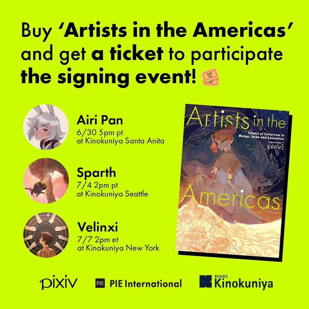 pixivさんのインスタグラム写真 - (pixivInstagram)「Signing Event coming soon at Kinokuniya USA ! A @pie_comic_art & pixiv event 🥳 . ✨ Airi Pan @pix_bun  6/30 5pm pt at Kinokuniya #santaanitalima  . A ticket will be given to those who purchase Artists in the Americas (ISBN: 9784756256850) at Kinokuniya Santa Anita. The signature will drawn on the book only. . We are looking forward to your participation!🌈😉 . ⚠️Attention *Tickets are non-refundable and non-transferable. *Tickets cannot be exchanged for another event date. *Kinokuniya is not responsible for the loss of tickets. *The event may take longer than expected and delays in the schedule are possible. Please come prepared. @kinokuniyausa . #AiriPan #artistsintheamericas #kinokuniyausa #pixiv #pieinternational」6月20日 11時51分 - pixiv