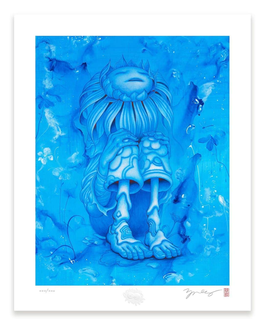 ジェームス・ジーンのインスタグラム：「The flower prince lifts his head up to the sky, seeking the warmth of the sun. His eyes are closed, and while he is dreaming, the world is cast in blue. A cousin to Xōchipilli, he waits for the flower of his soul to bloom in the light. 👁🌻👁  Sunflower is a signed and numbered time-limited edition of offset lithographs. The edition will be available for 24 hours starting at 8:00 AM PT on Tuesday, June 20 and ending at 7:59 AM PT on Wednesday, June 21. The edition is limited by the number of prints sold during those 24 hours and never reprinted. @jamesjeanstore」