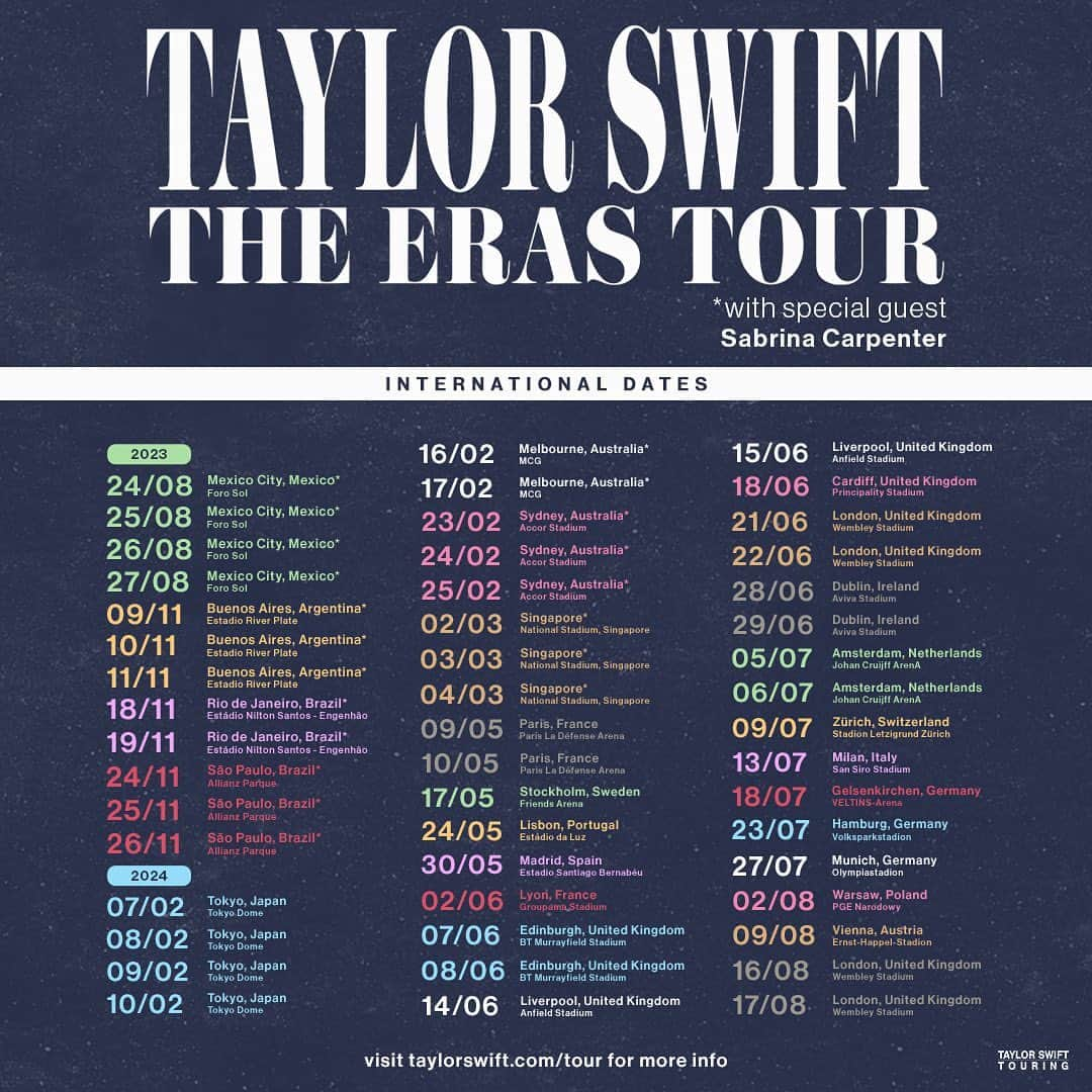 テイラー・スウィフトのインスタグラム：「EXCUSE ME HI I HAVE SOMETHING TO SAY 🙋‍♀️ I can’t wait to see so many of you on The Eras Tour next year at these new international dates! Visit TaylorSwift.com/tour for more information on your registrations, pre-sales and on-sales!!」