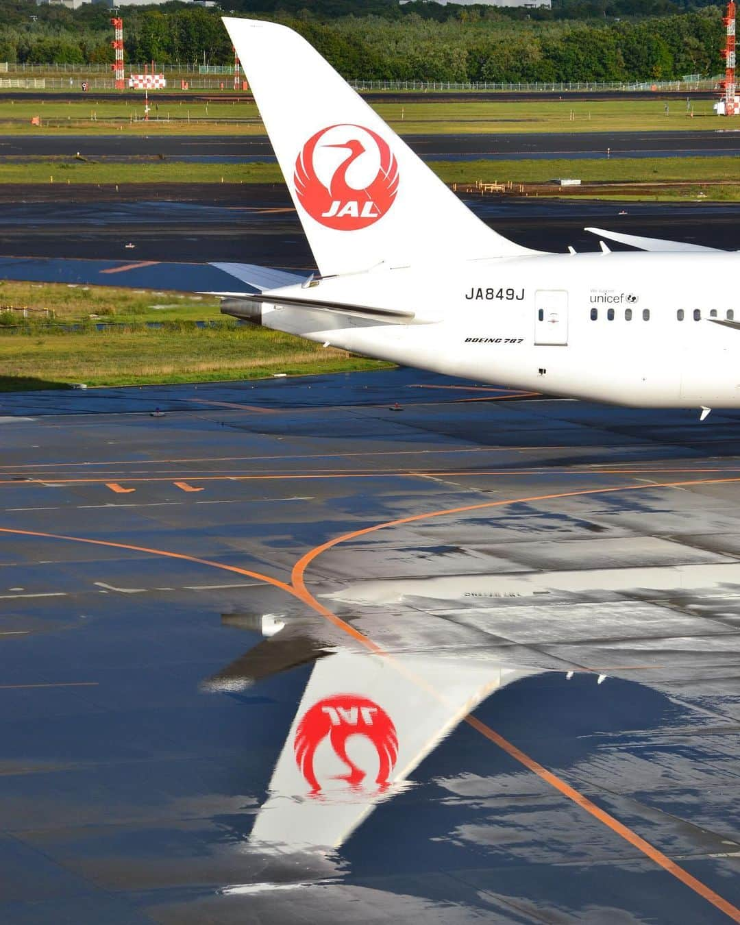 JALのインスタグラム：「. 水たまりの中にも #鶴丸 が…✈ #NoPlanNoProblemJune . . Photo by @rr___767 Post your memories with #FlyJAL  #JapanAirlines #JAL #airplane #✈︎ #新千歳空港 #北海道 #リフレクション #ボーイング787 #ボーイング #尾翼 #飛行機 #飛行機写真 #飛行機撮影 #飛行機のある風景 #飛行機のある空 #飛行機好き #空港 #旅行 #日本航空」