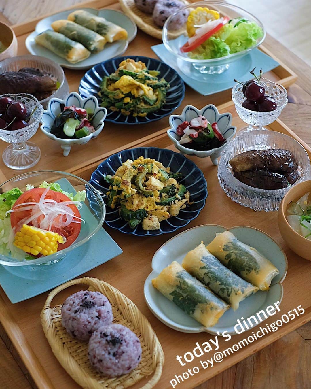 YASUKO TAKESUEのインスタグラム：「. こんばんは☺️💕. 今日の晩ごはん… . . ⭐️鯖の梅しそチーズ春巻き ⭐️茄子の揚げ浸し ⭐️ゴーヤチャンプル ⭐️蛸と胡瓜の酢の物 ⭐️野菜サラダ ⭐️お味噌汁 ⭐️黒米むすび ⭐️アメリカンチェリー . . .  #晩ごはん#晩御飯#晩ご飯#夜ごはん#よるごはん#夕食#おうちご飯#うちご飯#おうちご飯lover#おうちご飯記録#食卓#手料理#手作りご飯#料理写真#器好き#器集め#献立#家庭料理#food#foodpic#foodstagram#foodphotography#followme#instagood #水野幸一」