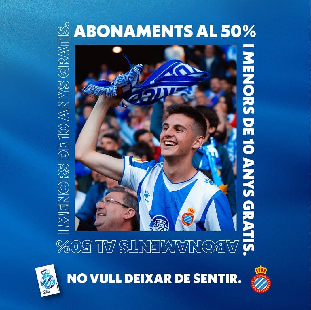 RCDエスパニョールのインスタグラム：「Abonaments al 50% i menors de 10 anys gratis. #RCDE」