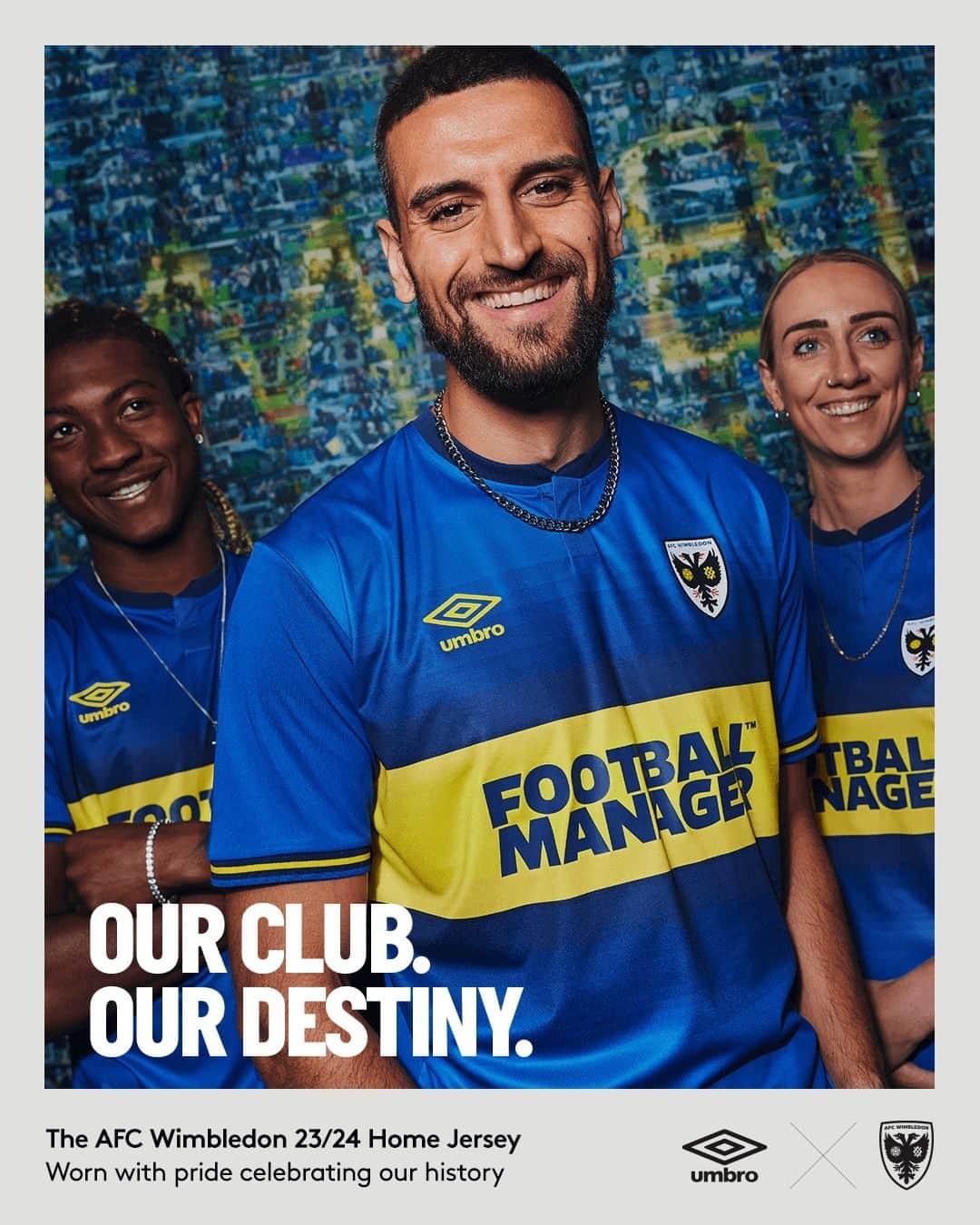 UMBROのインスタグラム：「Our Club. Our Destiny.  @afc_wimbledon 23/24 Home jersey. Worn with pride . Celebrating history 🔵🟡.  #umbro #afcw #thisisourgame」