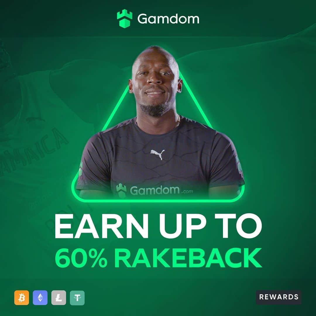ウサイン・ボルトのインスタグラム：「If you love to place a few bets on sports or spin the wheels online, then you should do it on @gamdom while earning yourself up to 60% Rakeback 😉」