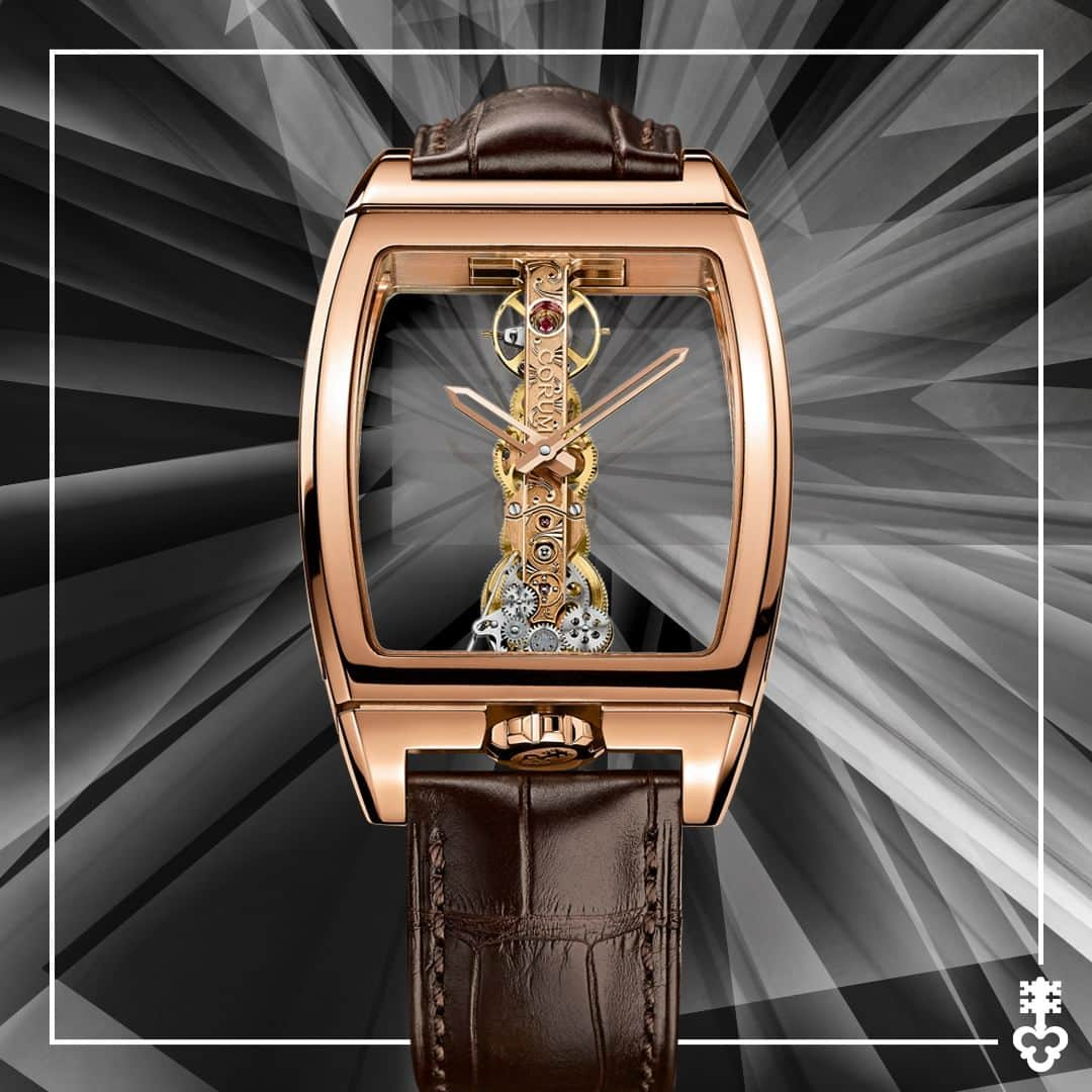 コルムのインスタグラム：「Stick to the classics with the Golden Bridge Classic.   The linear movement of the watch, made of gold, forms both the calibre and most of the piece's dial and is fitted into the tonneau-shaped case for the beauty of the mechanism to take centre stage on your wrist.   (Ref. B113/01043)  #Corum #CorumWatches #CorumGoldenBridge」