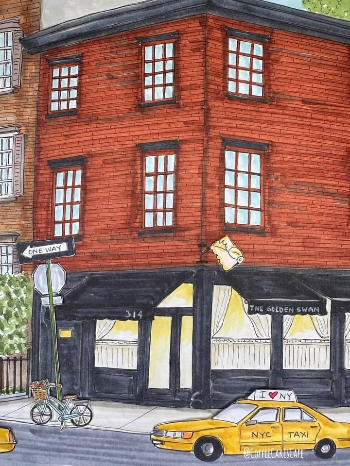 のインスタグラム：「A little welcome to the neighborhood to @thegoldenswan_nyc !! I’ve been watching this corner charmer going through some remodeling and excited that they are finally here! I haven’t yet dined here but want to share with all of you a new addition to the West Village!!😁 . 📍 314 W 11th . Have a lovely day everyone! 💛 . . . . . . . #westvillage #westvillagenyc #westvillagenewyork #westvillageeats #westvillagelove #prettycitynewyork #storefrontcollective #stopmotionanimation #coffeecakescafe #cornersofnewyork #streetsofnewyork」